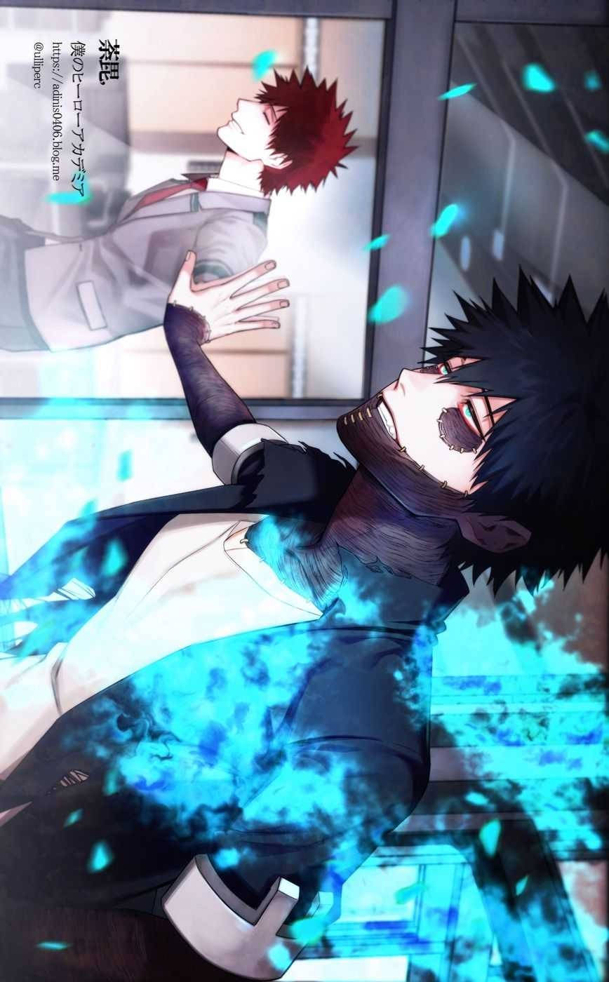 Dabi Aesthetic 桌布 壁紙 — 一個頭髮豎起的動漫男孩伸手觸碰玻璃中的倒影，發光的藍色粒子在他周圍旋轉。