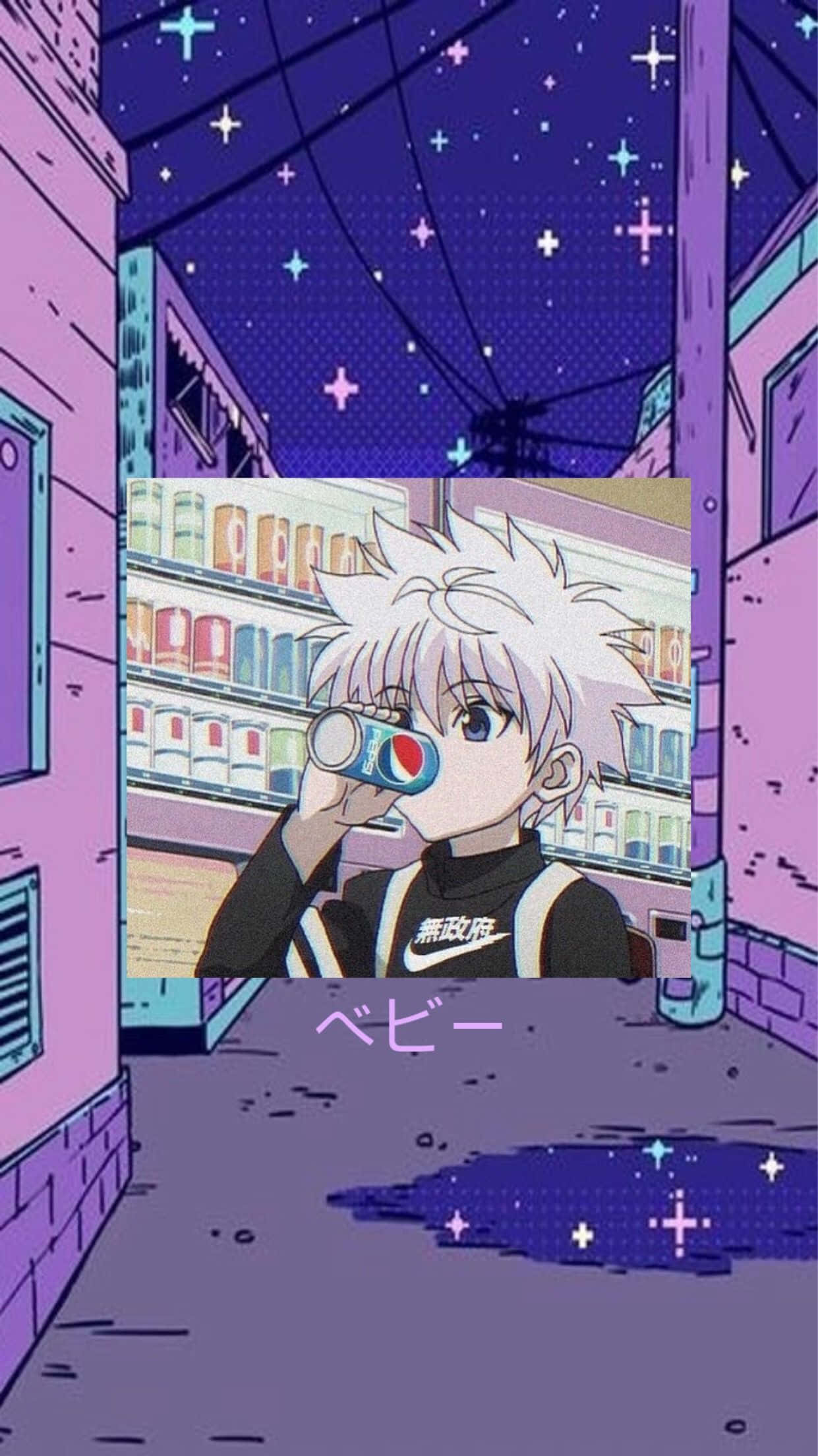 桌布 壁紙 — 一個頭髮豎起的動漫男孩在霓虹燈小巷中，在繁星點點的紫色夜空下喝著百事可樂罐。