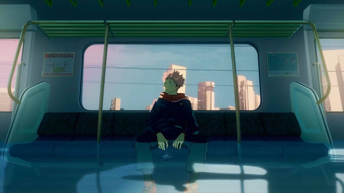Jujutsu Kaisen Desktop 桌布 壁紙 — 一個頭髮豎起的動漫男孩獨自坐在捷運長椅上，凝視著沐浴在柔和晨光中的城市景觀。
