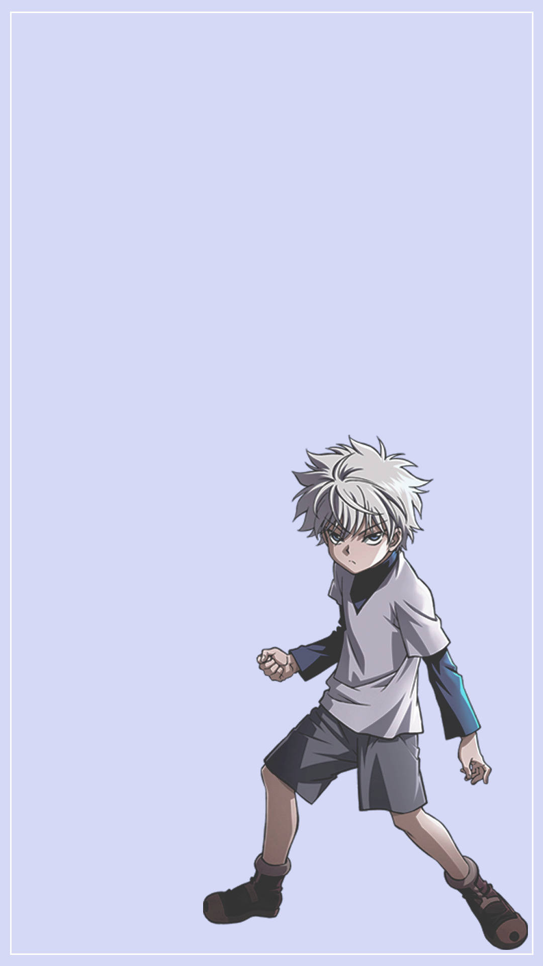 Killua Pfp 桌布 壁紙 — 一個頭髮豎起的動漫男孩穿著休閒服，以戰鬥姿勢站在純薰衣草色背景前。