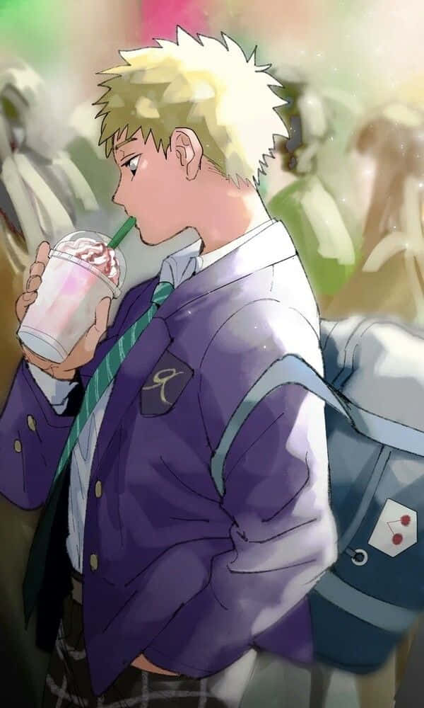 Teruki Hanazawa 桌布 壁紙 — 一個頭髮豎起的動漫男孩穿著校服，背著背包，正在啜飲草莓奶昔。