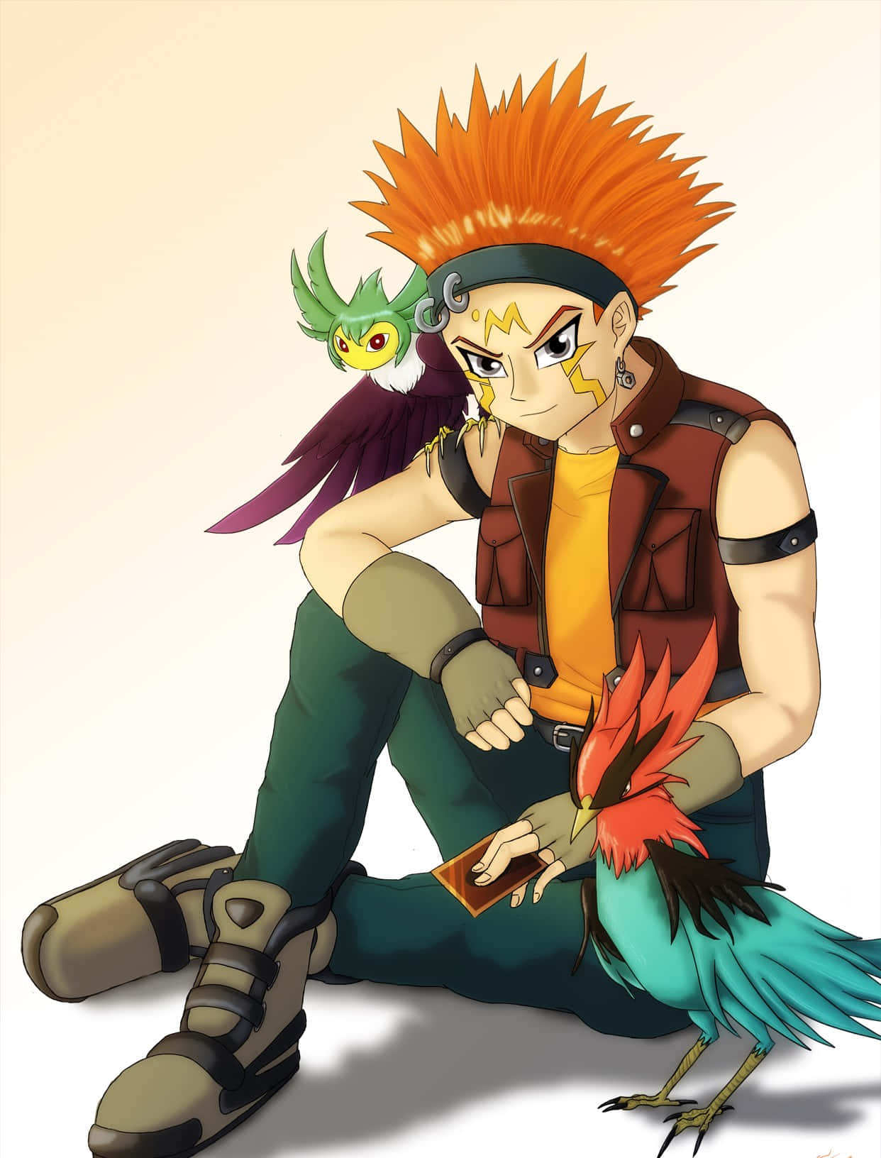Crow Hogan 桌布 壁紙 — 一個頭髮豎起的動漫男孩穿著背心坐著，兩隻色彩繽紛的鳥停在他身上拿著一張卡片。
