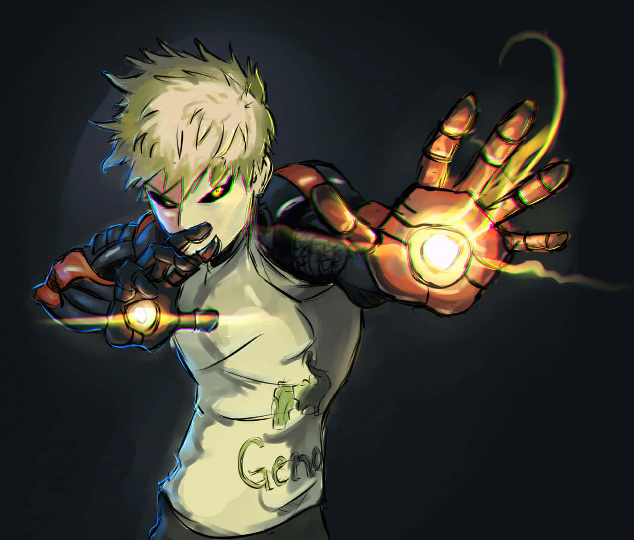 Genos 桌布 壁紙 — 一個頭髮豎起的動漫英雄，身穿白色襯衫，在黑暗背景下從手中釋放出發光的能量。
