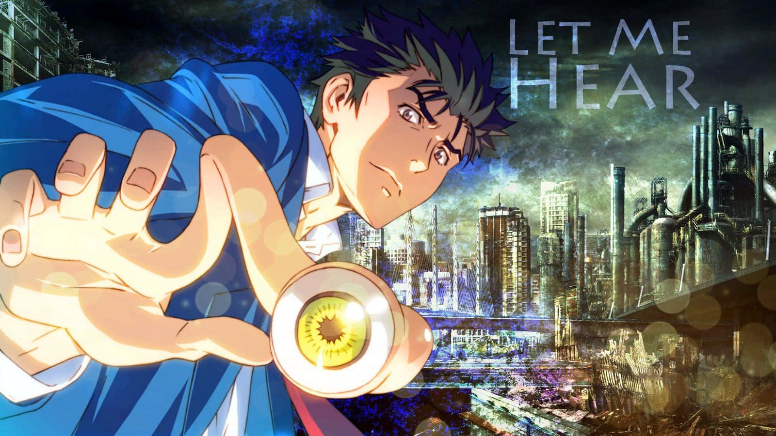 Parasyte 桌布 壁紙 — 一個頭髮豎起的動漫角色，在黑暗的未來城市景觀中，將手伸向一個發光的黃色球體。
