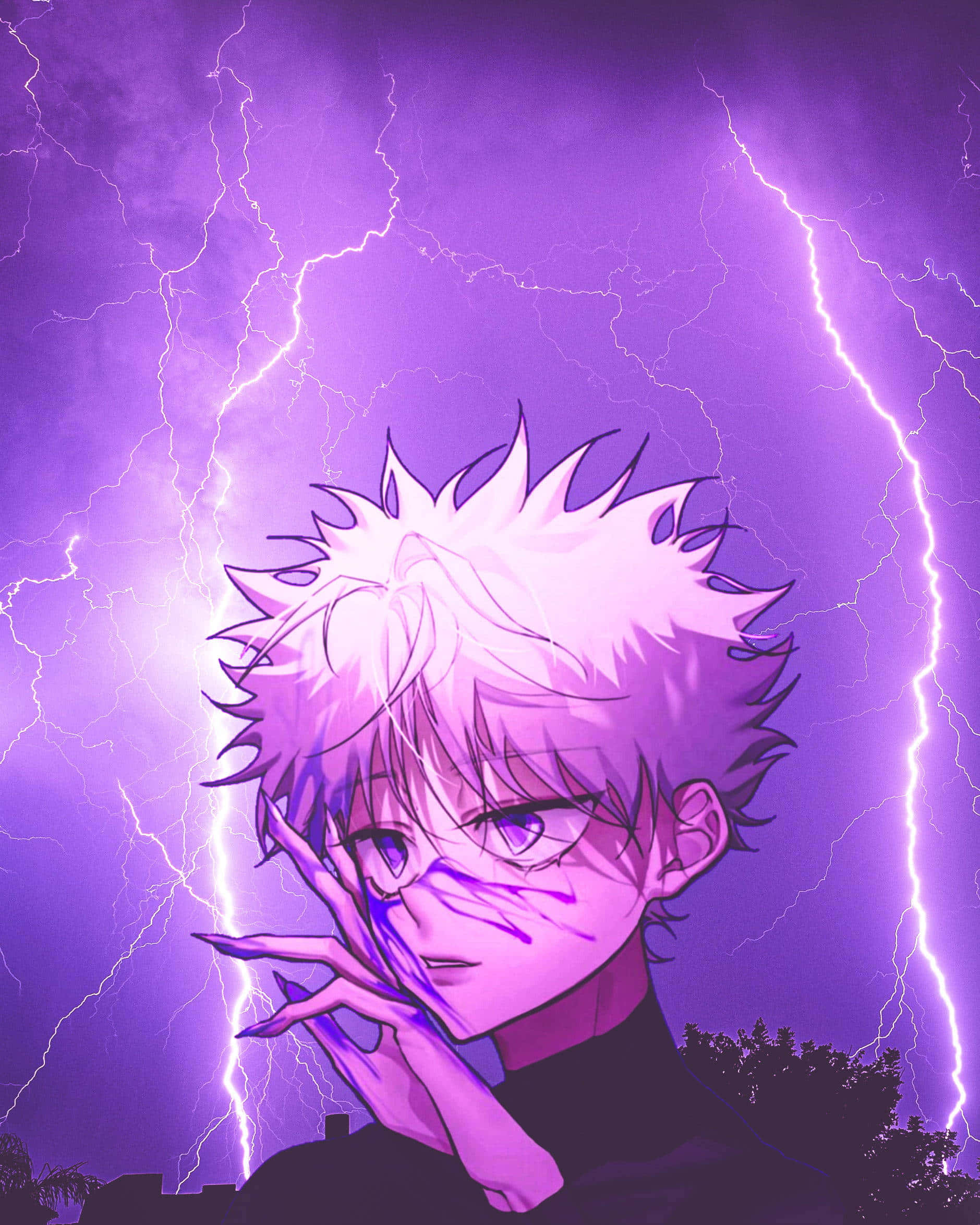 動漫風格 桌布 壁紙 — 一個頭髮豎起的動漫角色，背後有紫色閃電在暴風雨般的紫色天空中劈啪作響。