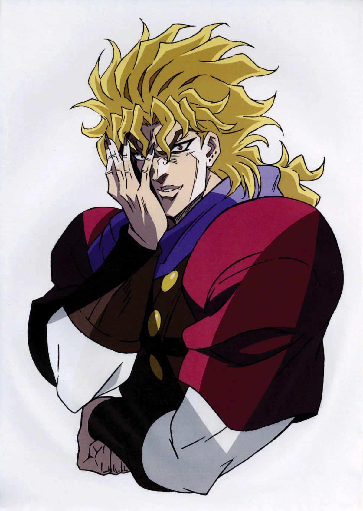 Phantom Blood 桌布 壁紙 — 一個頭髮豎起的動漫角色，身穿紅黑服裝，蹲下時一隻手靠近臉部。