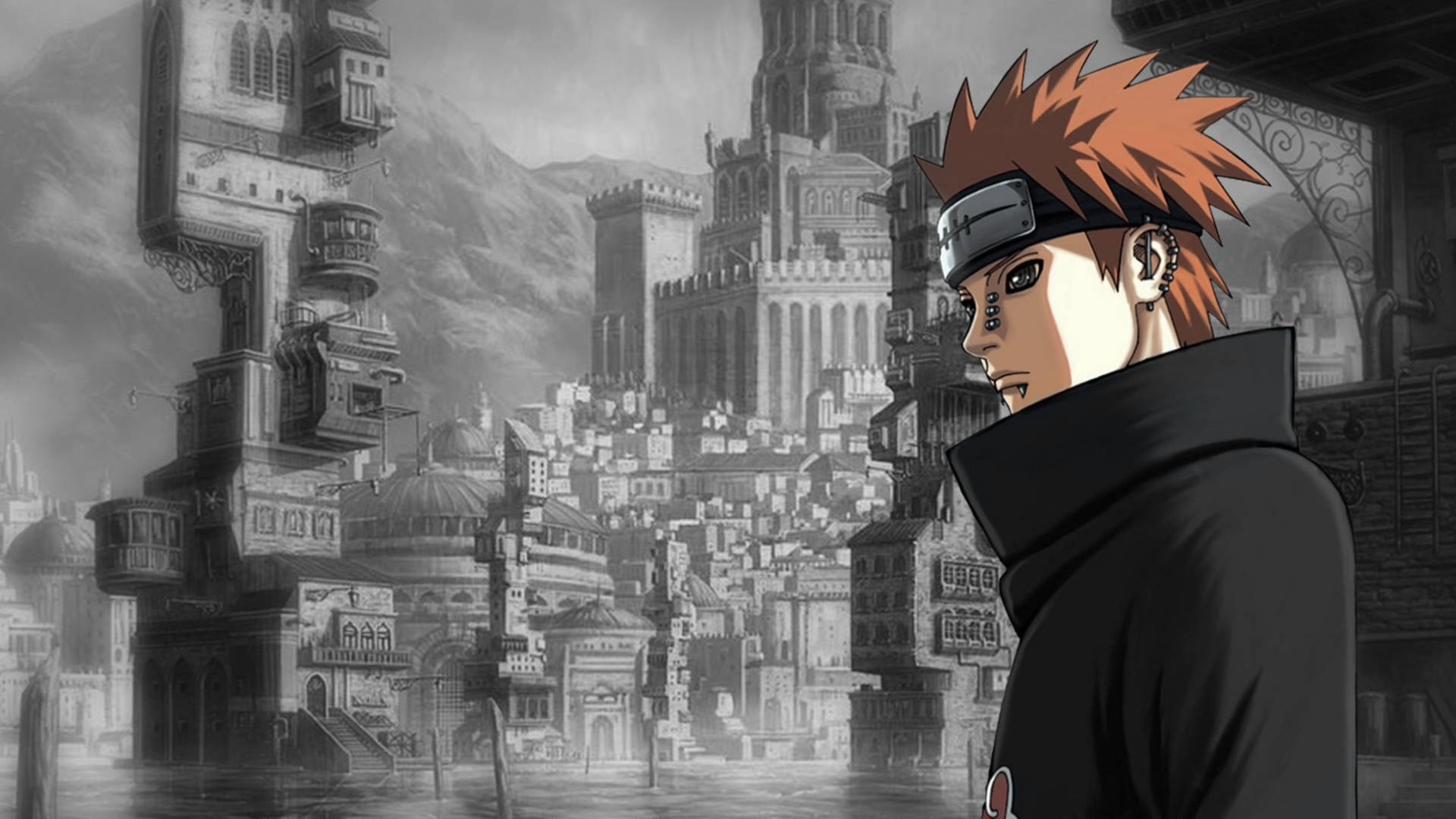 Nagato 桌布 壁紙 — 一個頭髮豎起的動漫角色，身穿黑色斗篷，側面站在單色奇幻城市景觀前，背景是高聳的哥德式建築。