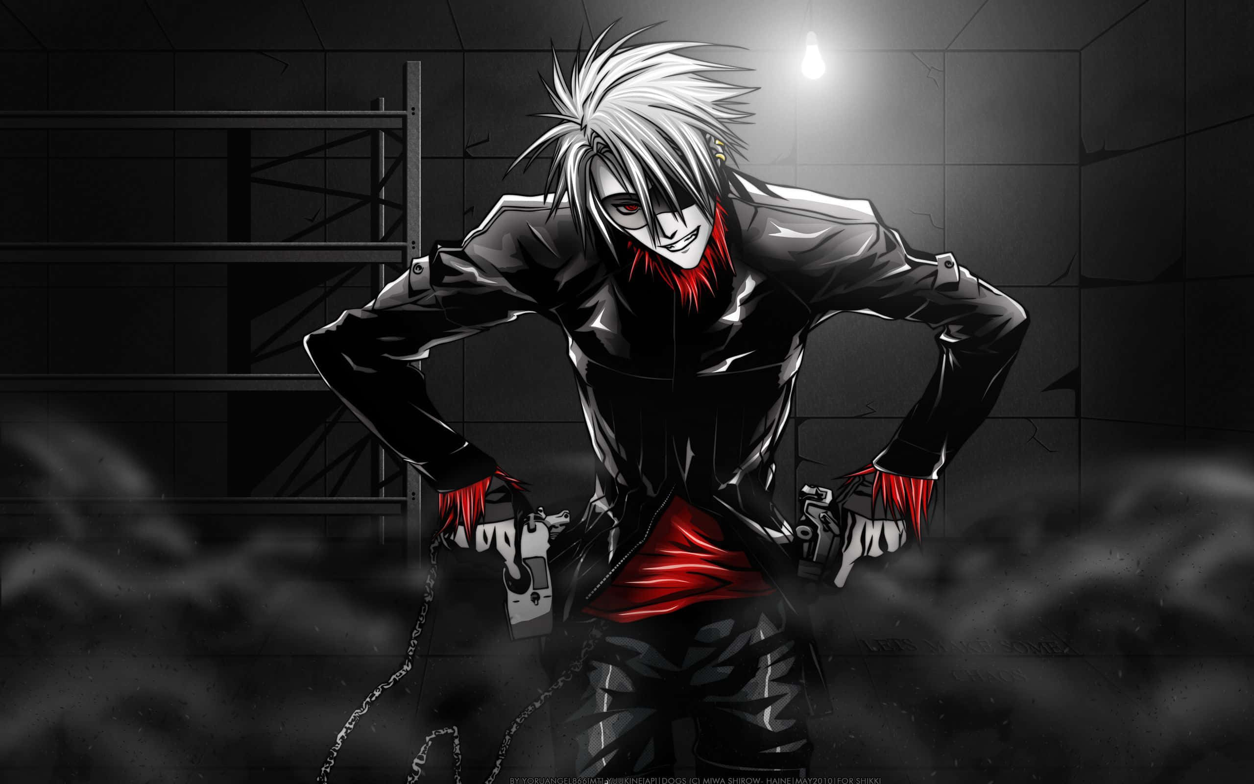 Horror Anime Boy 桌布 壁紙 — 一個頭髮豎起的動漫角色，身穿黑色服裝配紅色點綴，自信地站在光線昏暗的工業房間中，煙霧繚繞，頭頂只有一盞燈。