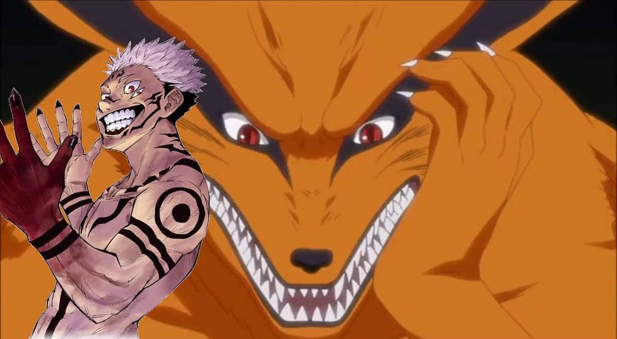 Naruto Nine Tails 桌布 壁紙 — 一個頭髮豎起的動漫角色咧嘴狂笑，身後一隻巨大的橙色九尾狐若隱若現，雙眼發出紅光。