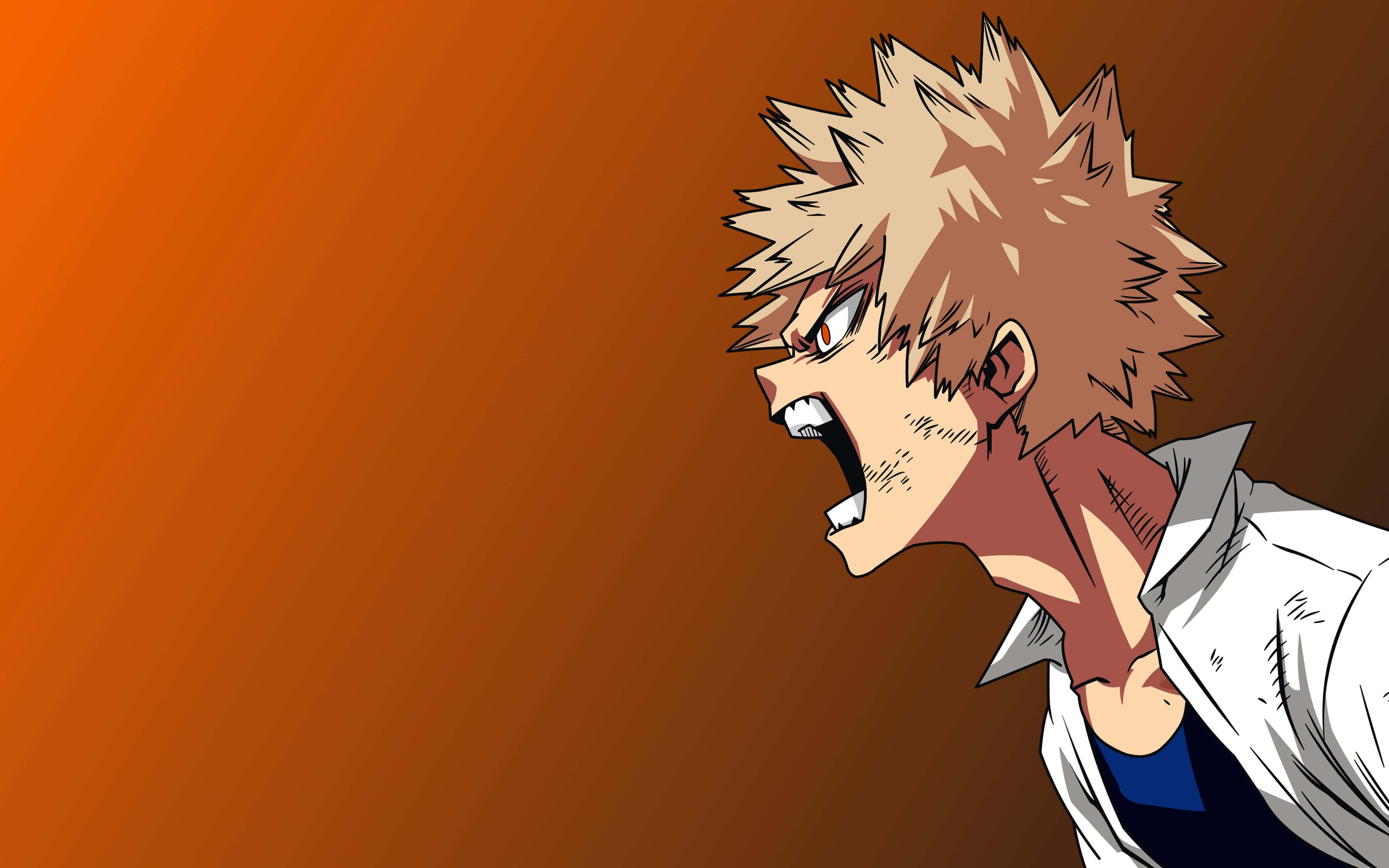 Bakugo 桌布 壁紙 — 一個頭髮豎起的動漫角色在橙色漸變背景前激烈尖叫。