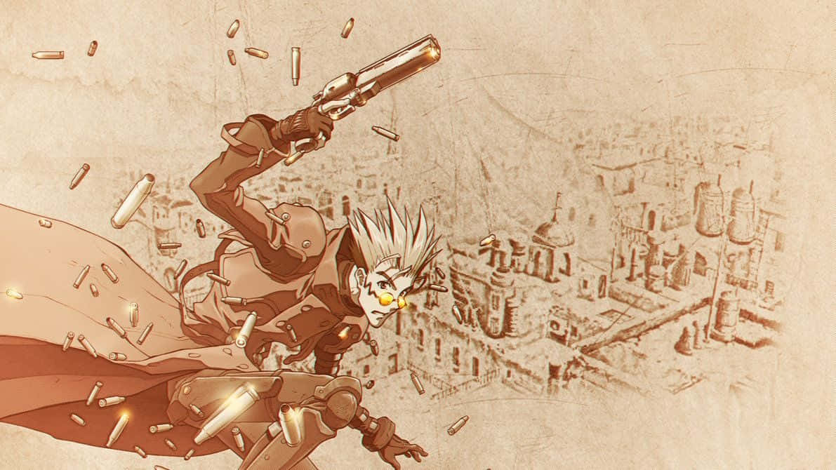 Trigun 桌布 壁紙 — 一個頭髮豎起的動漫角色在飛舞的子彈中，於棕褐色調的城市景觀上發射左輪手槍。