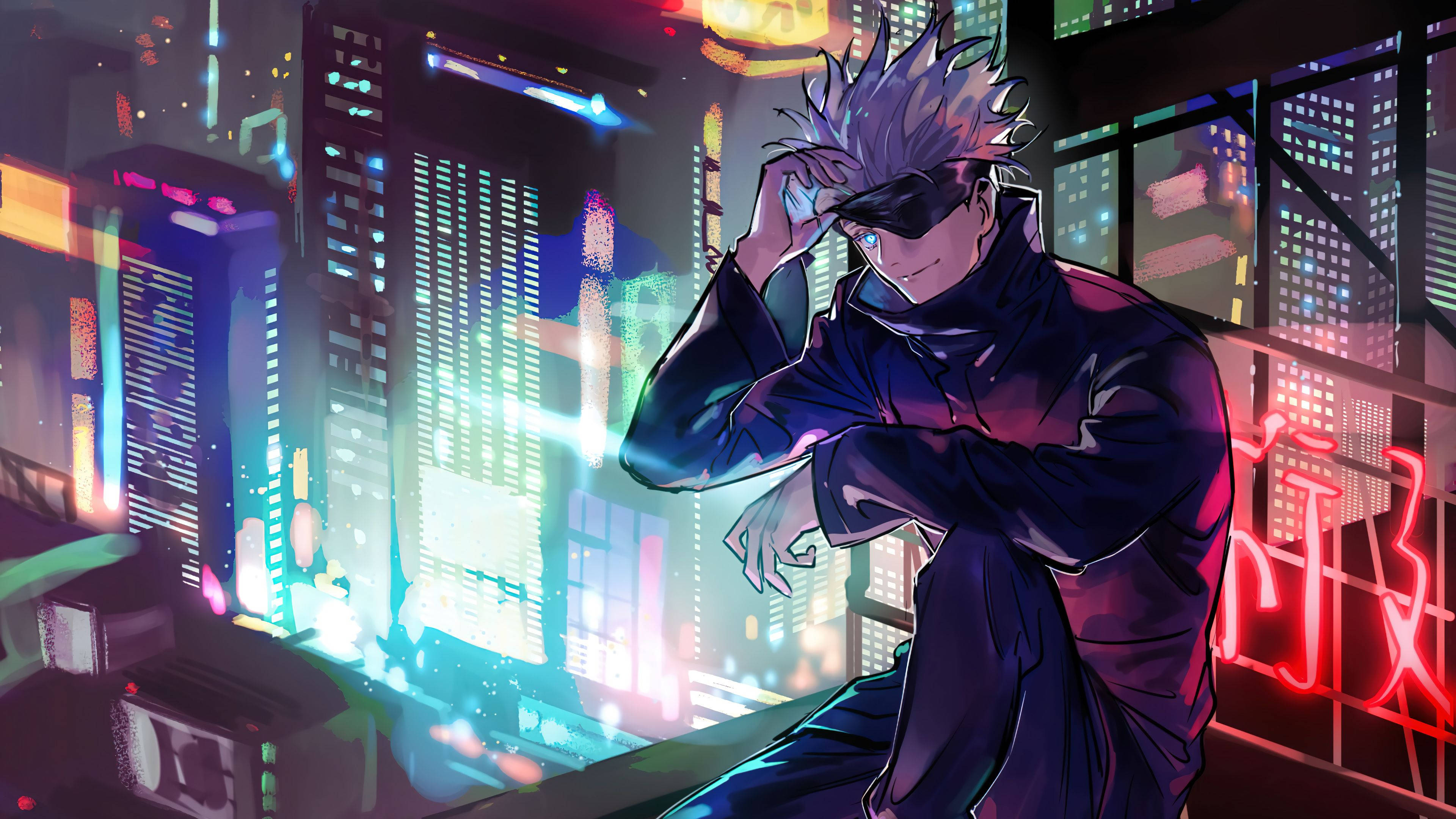 Jujutsu Kaisen Desktop 桌布 壁紙 — 一個頭髮豎起的動漫角色穿著深色連帽衫，夜晚站在霓虹燈閃爍的城市屋頂上，凝視著發光的摩天大樓。