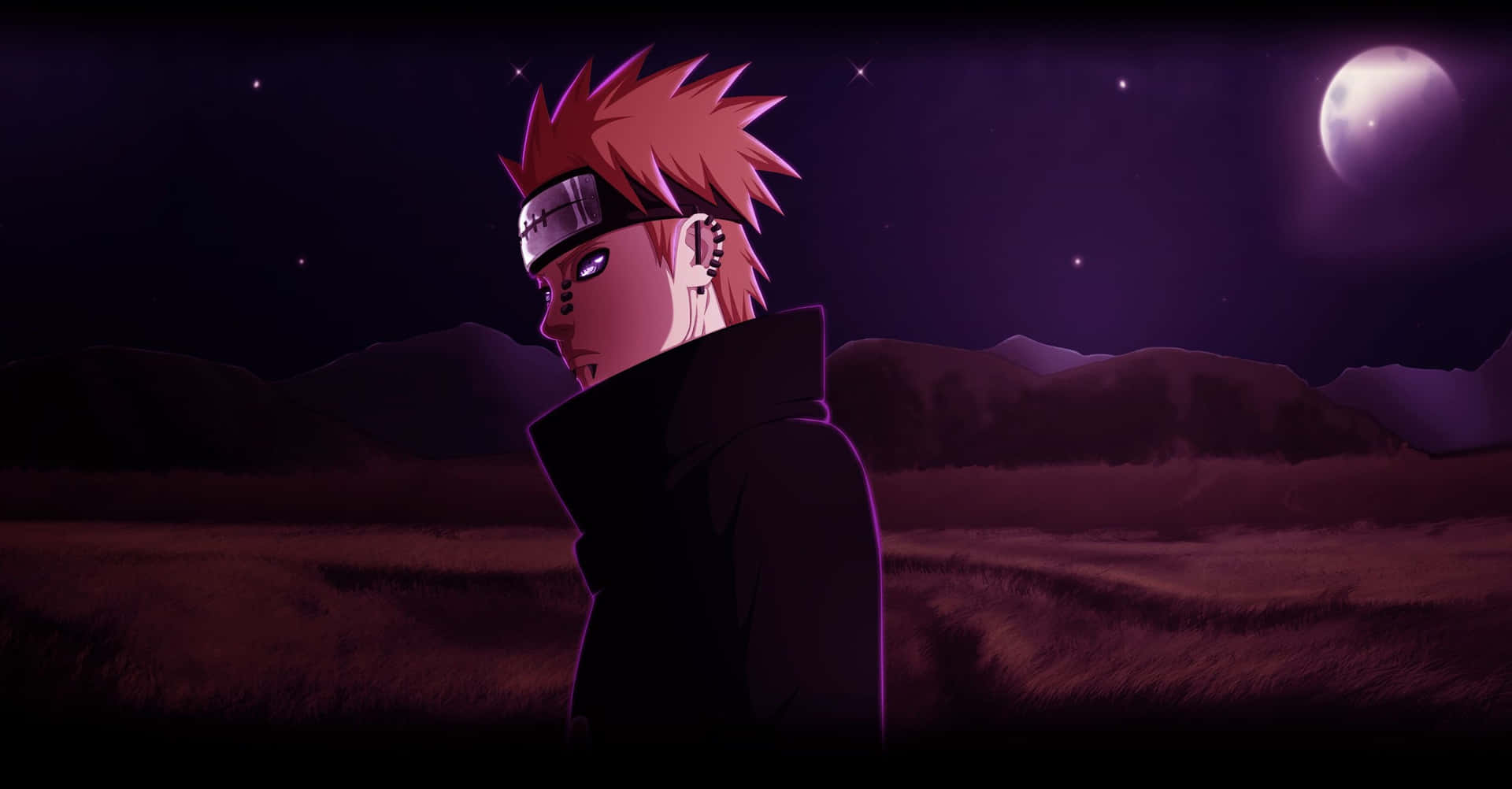 Akatsuki Pain 桌布 壁紙 — 一個頭髮豎起的動漫角色站在紫色田野中，上方是繁星點點的夜空，掛著一彎新月。