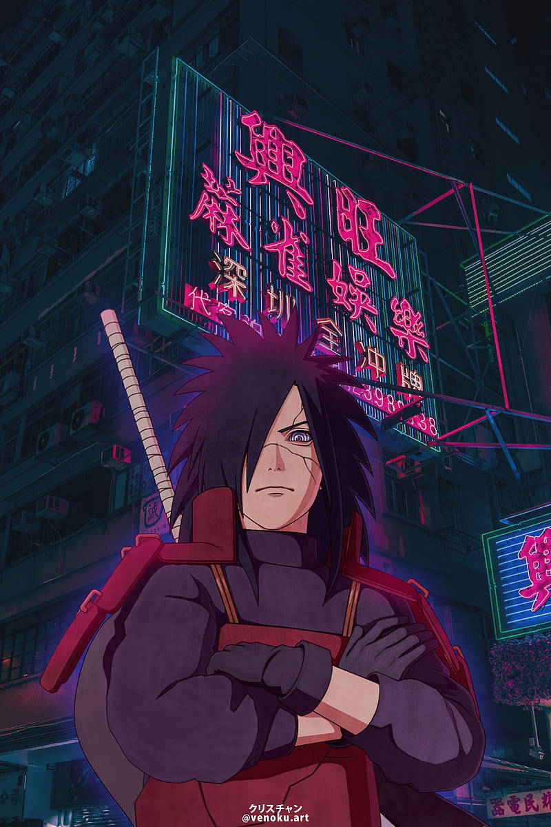 Cute Baddie 桌布 壁紙 — 一個頭髮豎起的動漫角色自信地站在霓虹燈照亮的城市小巷，周圍有發光的中文招牌和高聳的建築物。