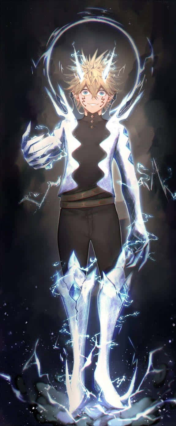 Luck Voltia 桌布 壁紙 — 一個頭髮豎起的動畫男孩在黑暗虛空中散發出電光藍色能量，身體周圍有發光的噼啪效果。