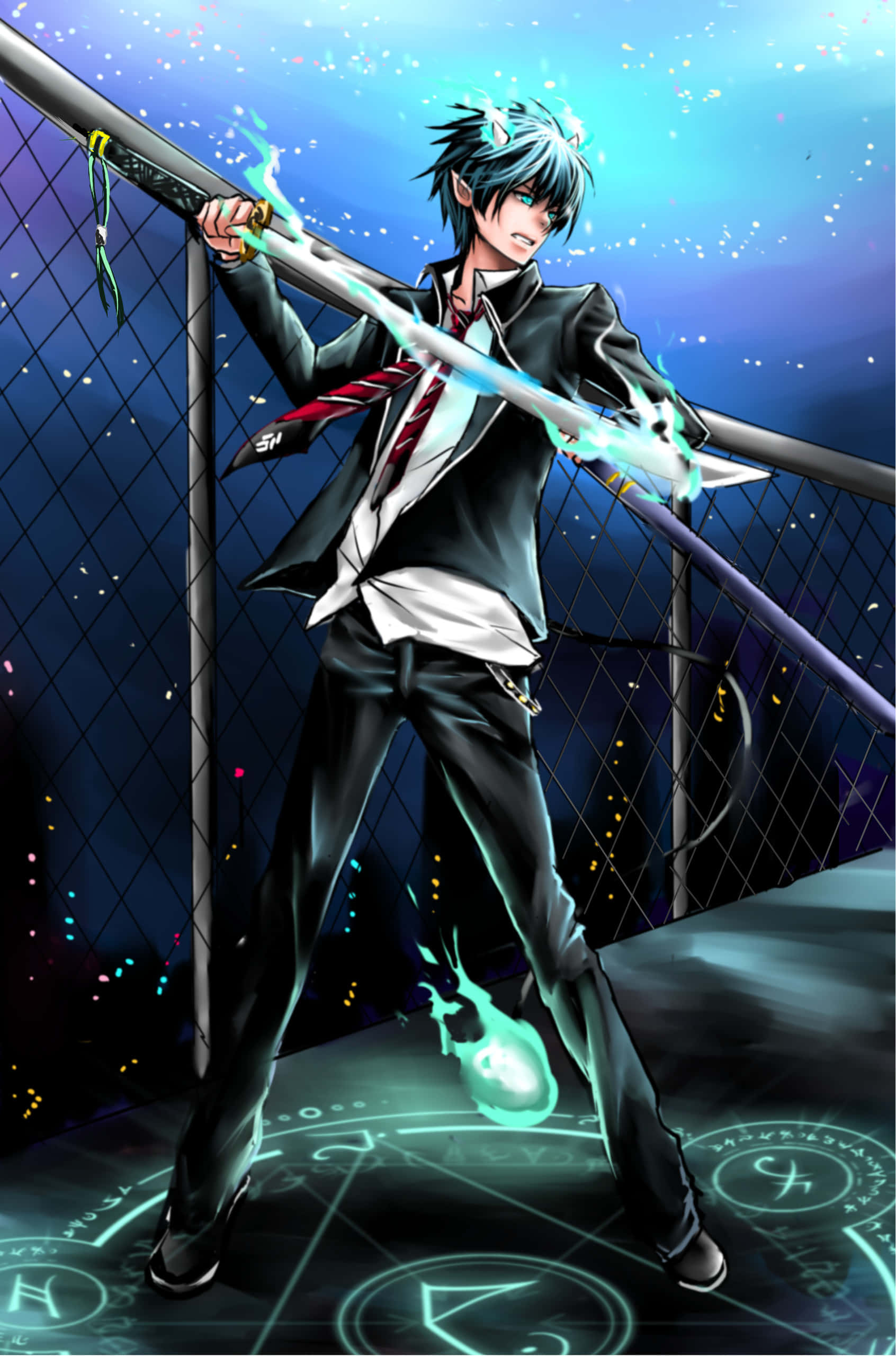 Blue Exorcist 桌布 壁紙 — 一個頭髮豎起的動畫男孩穿著校服，在星空下揮舞著發光的劍，劍下有一個魔法印記。