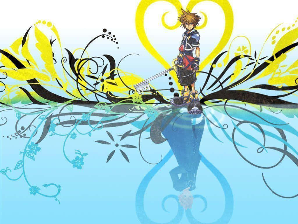 Kingdom Hearts Sora 桌布 壁紙 — 一個頭髮豎起的動畫男孩站在一個風格化的平台上，手持鑰刃，周圍環繞著旋轉的黃色、黑色和藍色花卉圖案，背景是淺藍色漸變。