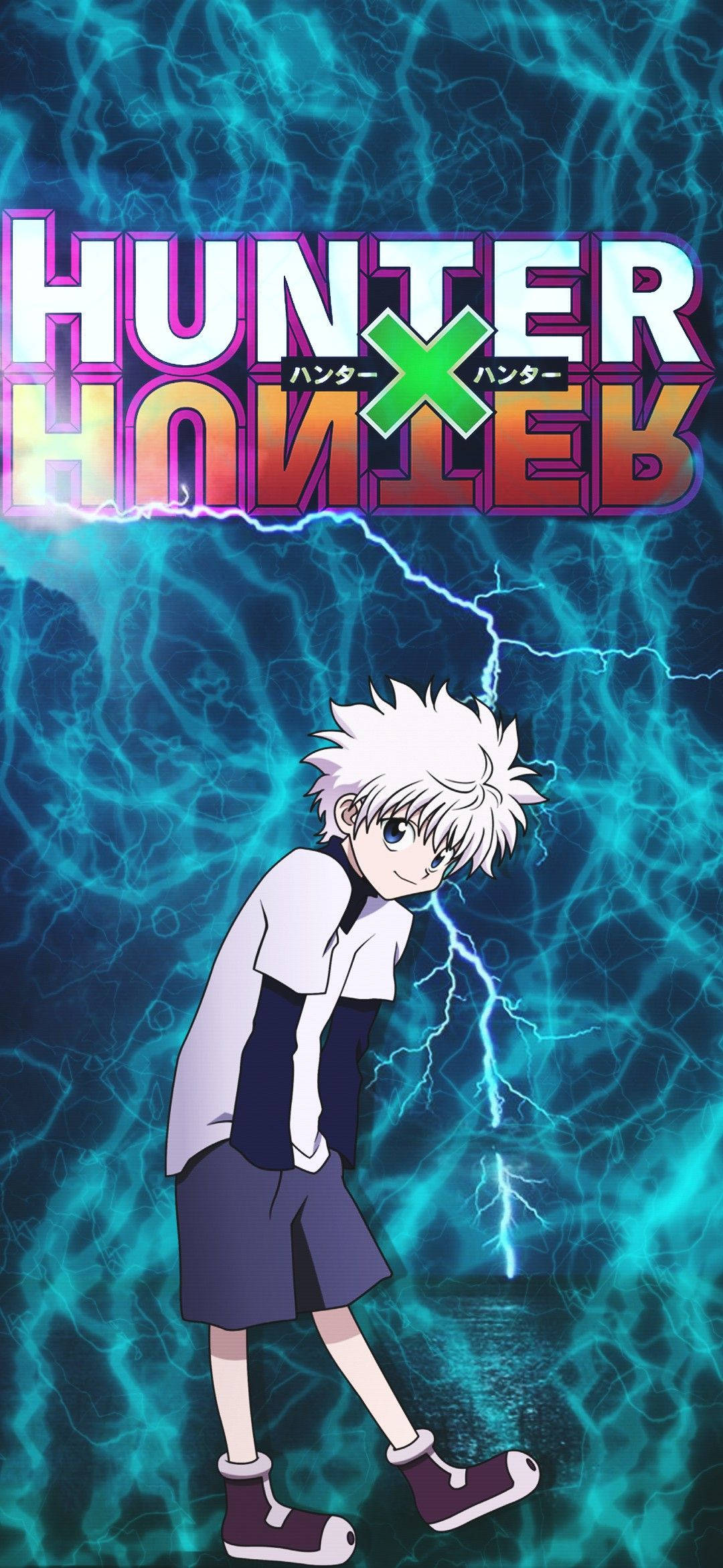 Cool Killua 桌布 壁紙 — 一個頭髮豎起的動畫男孩自信地站在噼啪作響的藍色閃電背景前，上方有 Hunter x Hunter 標誌。