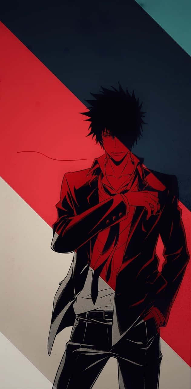 Shinya Kogami 桌布 壁紙 — 一個頭髮豎起的動畫男性，身穿紅色發光外套，自信地站在大膽的紅、黑、青綠色幾何背景前。