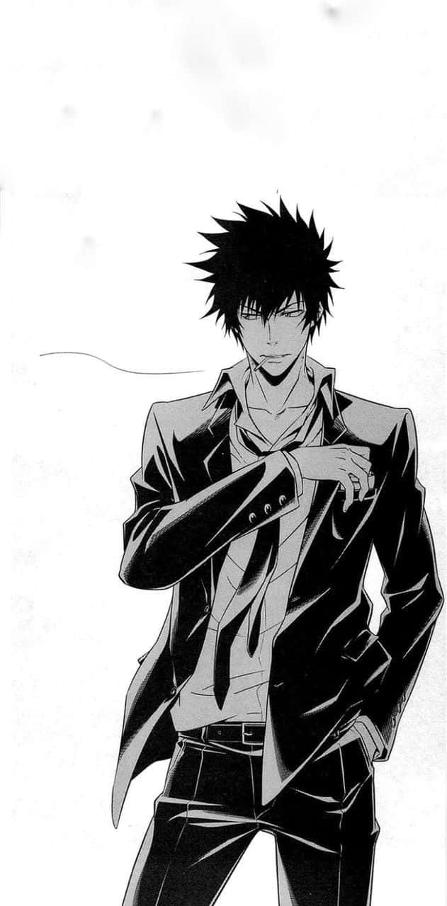 Shinya Kogami 桌布 壁紙 — 一個頭髮豎起的動畫男性穿著俐落西裝，在純色背景前以嚴肅表情調整領帶。