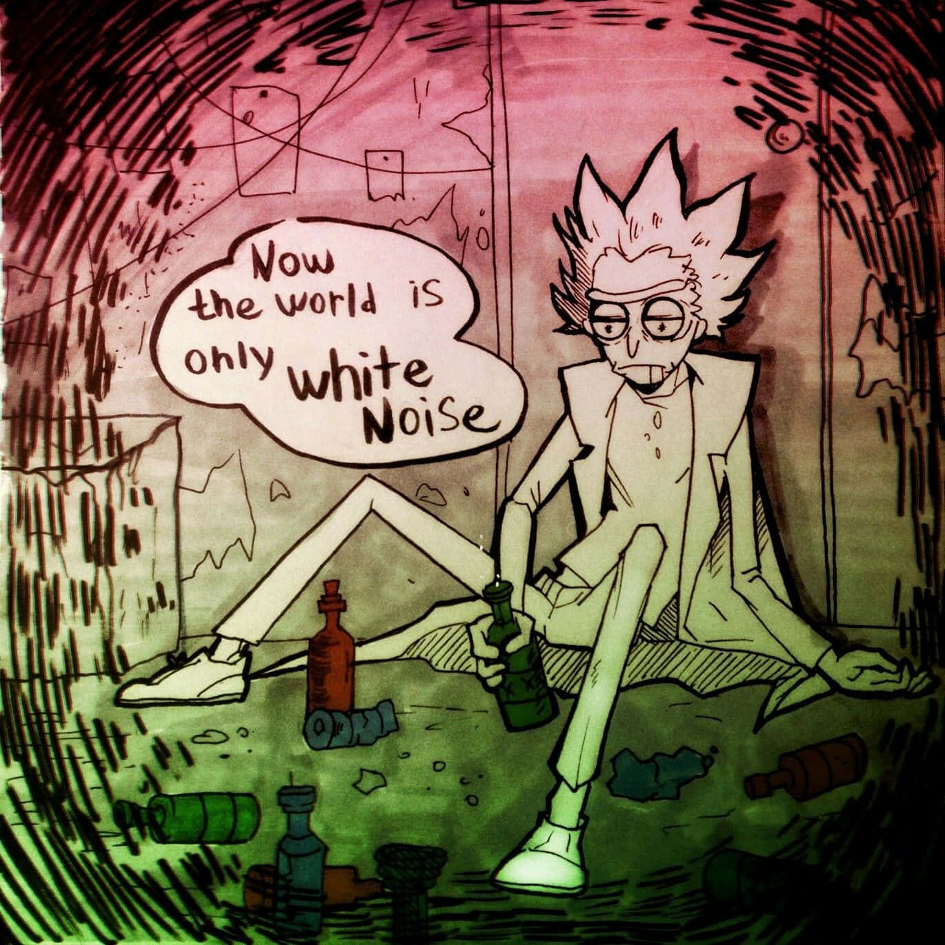 Wubba Lubba Dub Dub 桌布 壁紙 — 一個頭髮豎起的卡通角色癱坐在地上，周圍散落著空瓶子，上方是粉紅色和綠色斑駁的燈光。