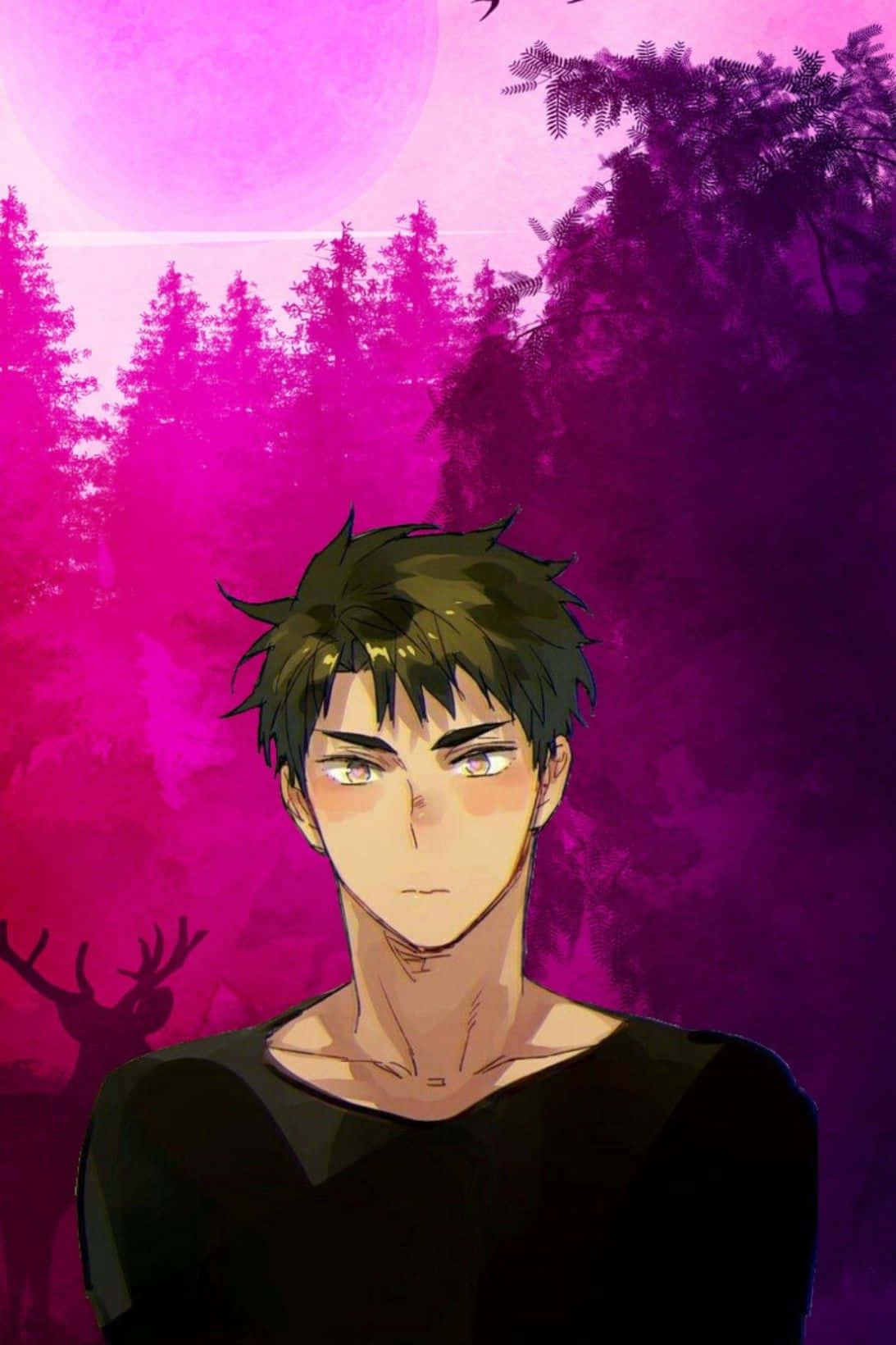 Ushijima Wakatoshi 桌布 壁紙 — 一個頭髮豎起的年輕男子站在森林中，上方是帶有紫色調的粉紅色月亮和剪影樹木。