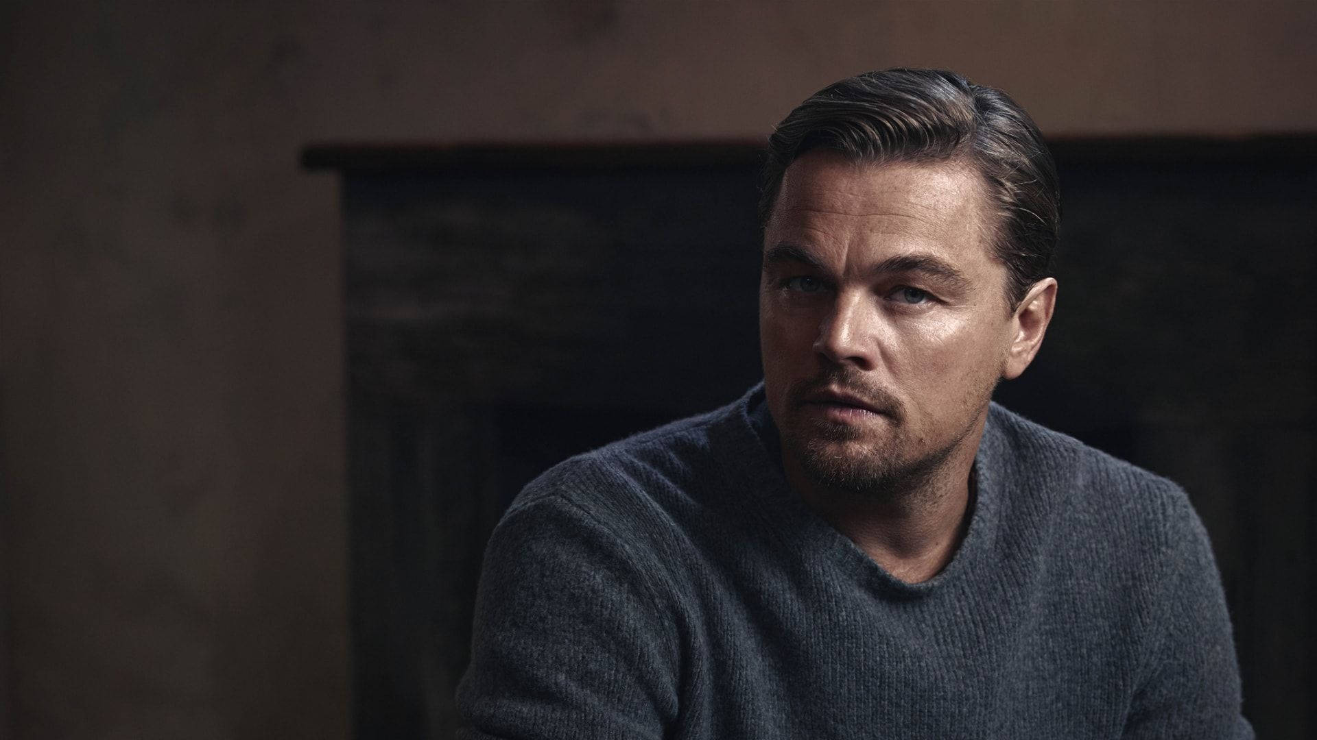 Dicaprio 桌布 壁紙 — 一個頭髮造型整齊、鬍渣未刮的男人，穿著灰色毛衣，在昏暗的房間裡若有所思地凝視。