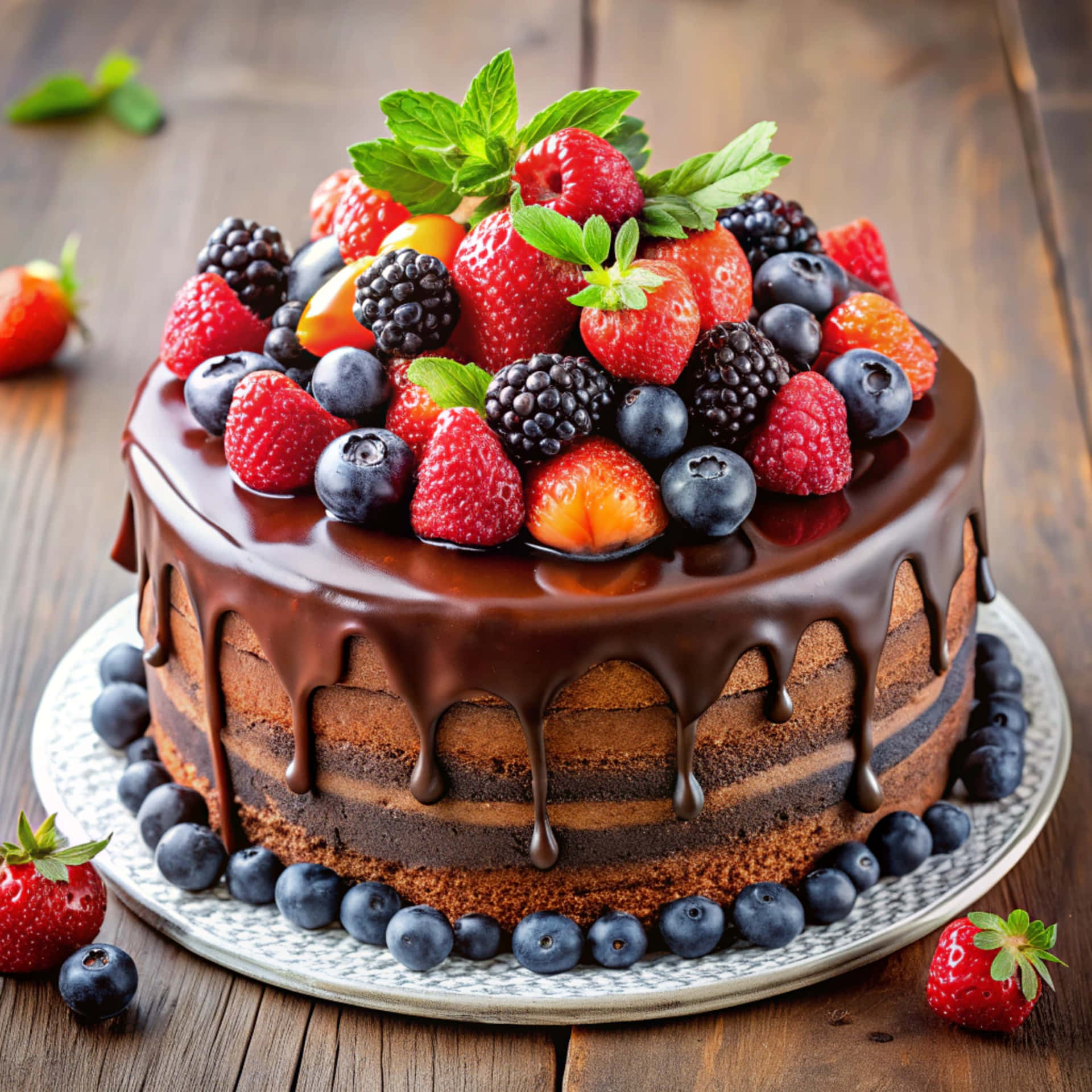 Chocolate cake with berries 壁紙 — 一個頹廢的巧克力蛋糕，帶有光澤的甘納許滴和一個充滿活力的新鮮莓果和薄荷冠冕，放在質樸的木桌上。