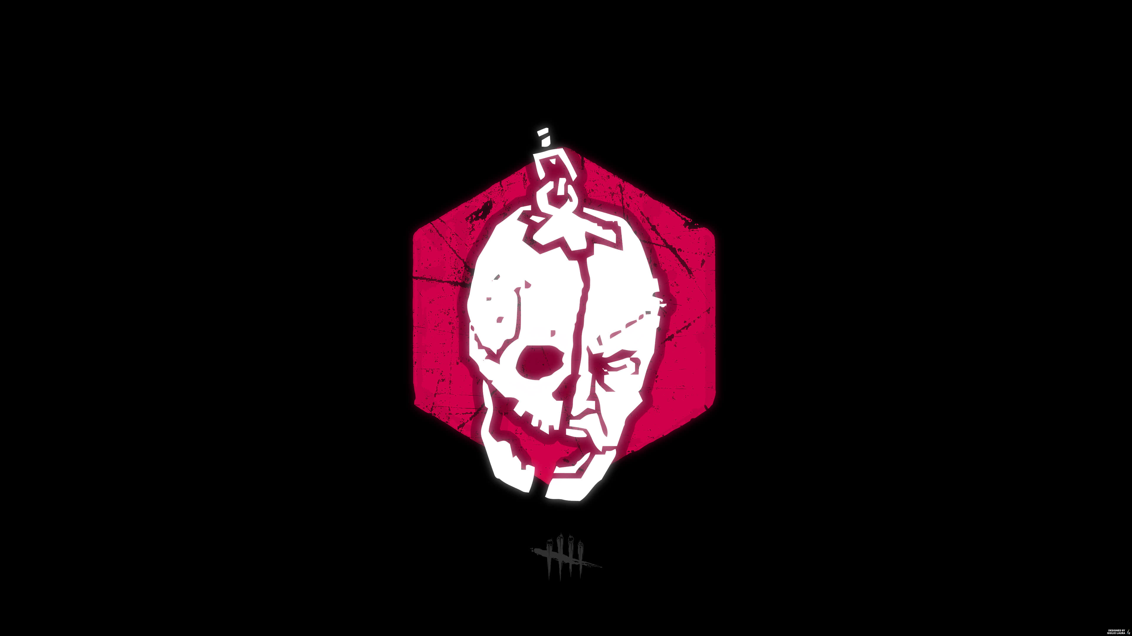 Memento Mori 桌布 壁紙 — 一個額頭上有十字架的白色頭骨，位於黑色背景上一個磨損的洋紅色六邊形中央。