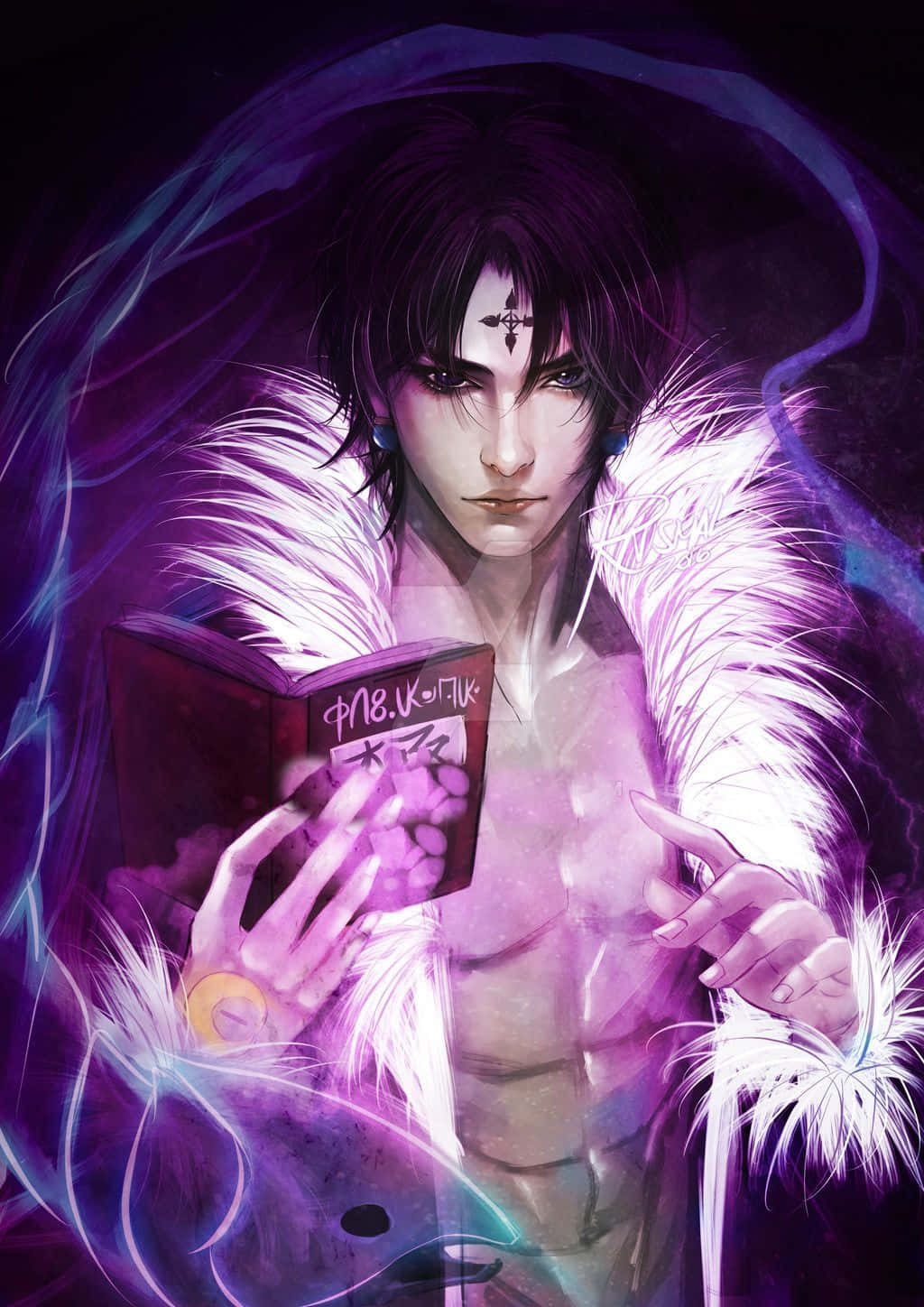 獵人 x 獵人 桌布 壁紙 — 一個額頭上有十字標記的黑髮動漫男子，被旋轉的神秘能量包圍，正在閱讀一本發光的紫色書。