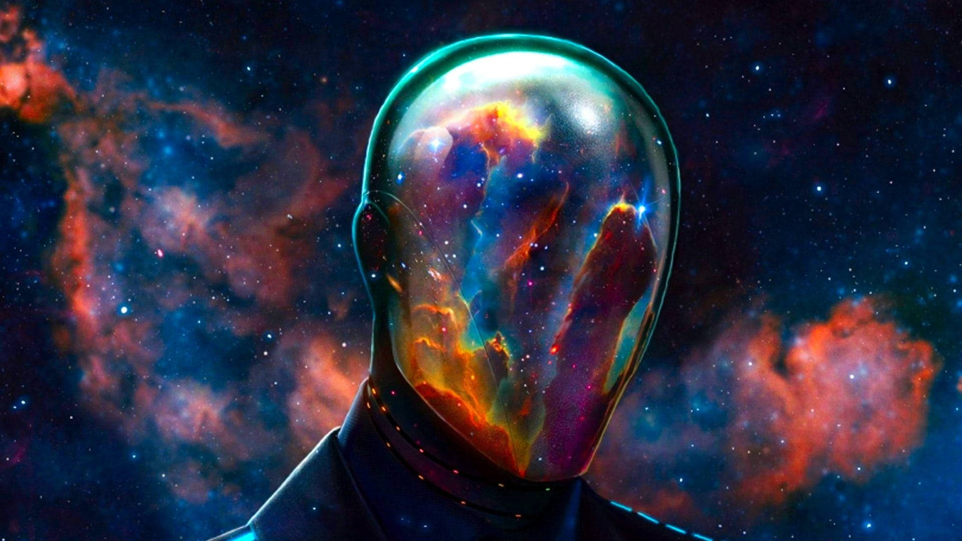 彩色動圖 桌布 壁紙 — 一個類人形人物，頭部透明，露出旋轉的宇宙星雲，背景是繁星點點的太空。