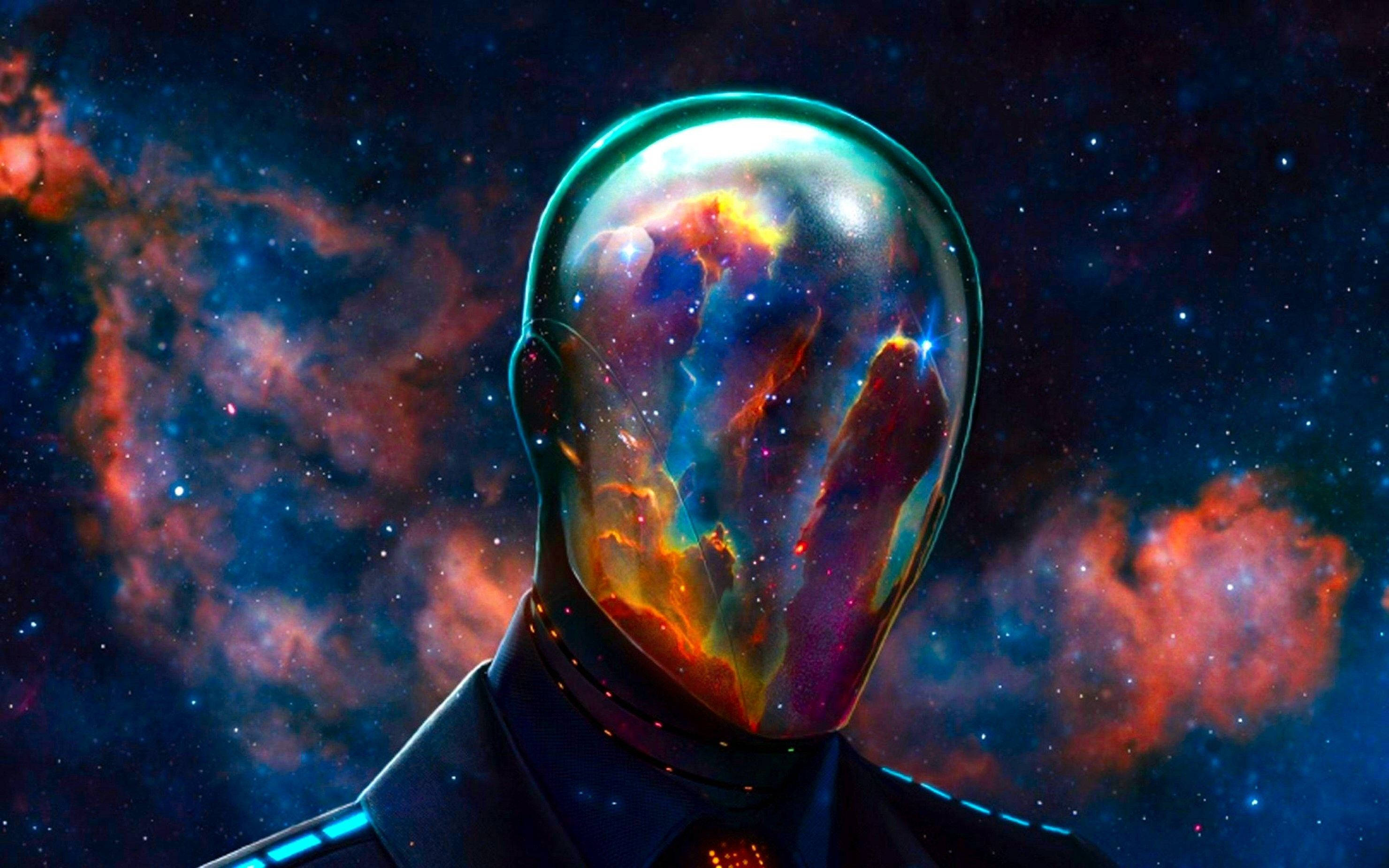 抽象 桌布 壁紙 — 一個類人形體，頭部透明，顯露出旋轉的宇宙星雲，背景是繁星點點的太空。