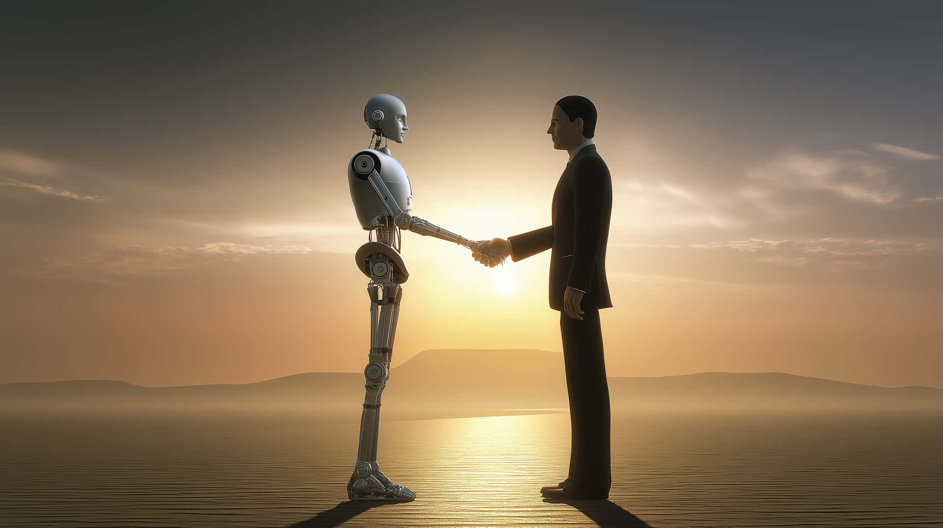 Synergy between human and machine at a bright horizon 壁紙 — 一個類人機器人與一位商人在日落時分，於平靜的反射面上握手，背景有遠山。