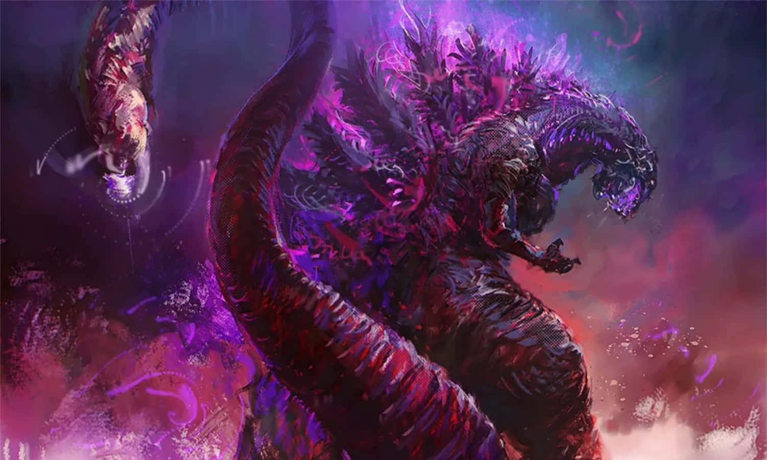 monsters 桌布 壁紙 — 一個類似哥吉拉的龐大怪物，帶有發光的紫色和紅色鱗片，在旋轉的宇宙能量和烏雲中咆哮。