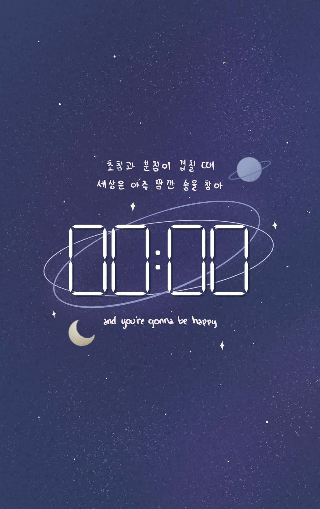 Bts Lyrics 桌布 壁紙 — 一個顯示00:00的數位時鐘漂浮在繁星點點的紫色夜空，周圍有新月和行星環繞。