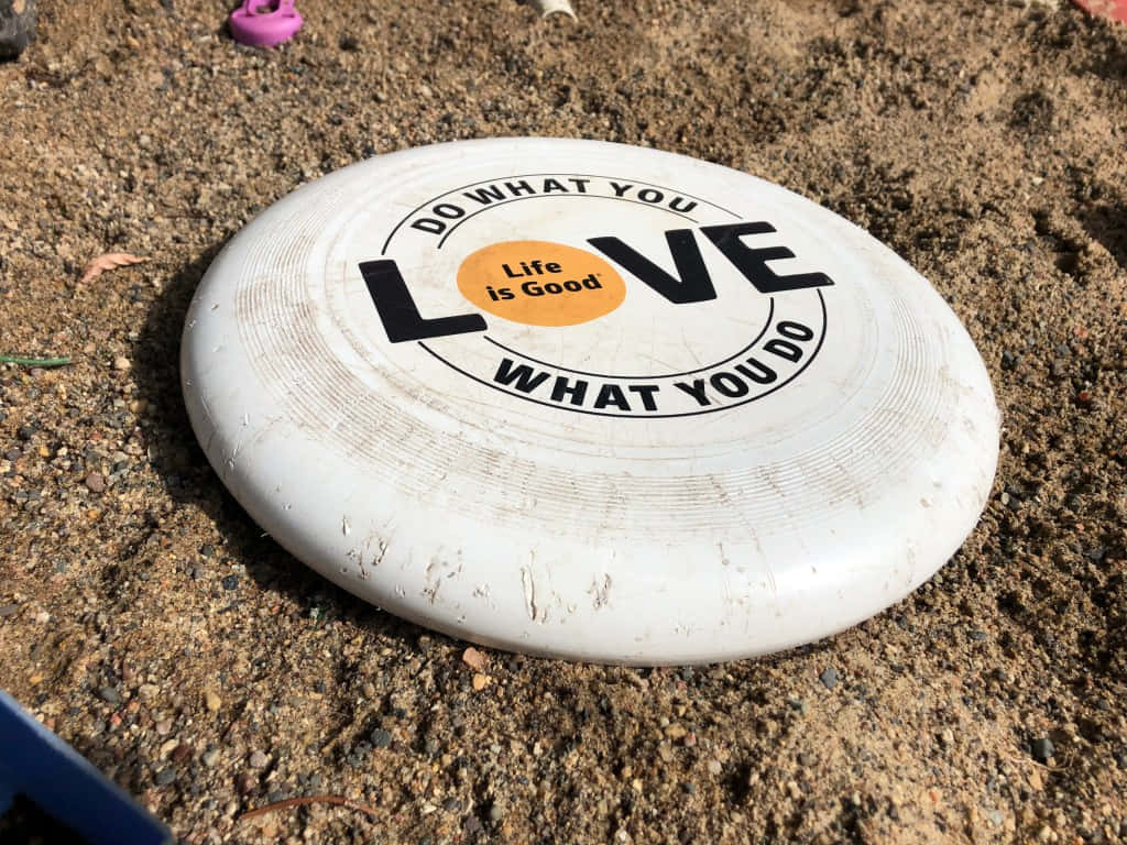 Disc Golf 桌布 壁紙 — 一個風化了的白色飛盤，上面有「DO WHAT YOU LOVE WHAT YOU DO」字樣，在明亮的陽光下躺在乾燥的泥土上。