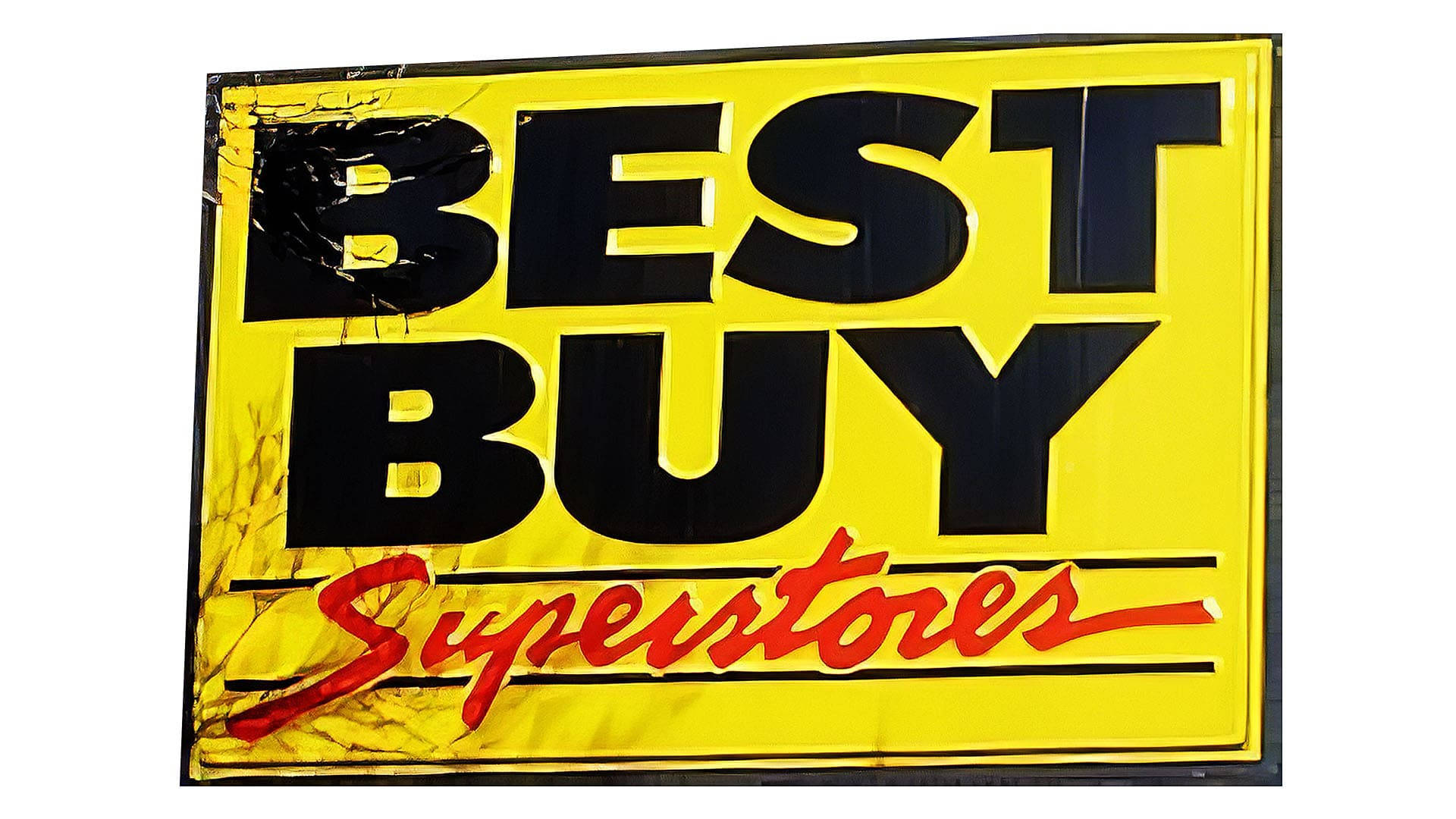 buy 桌布 壁紙 — 一個風化發黃的Best Buy Superstores招牌，玻璃破裂，黑色和紅色粗體字。