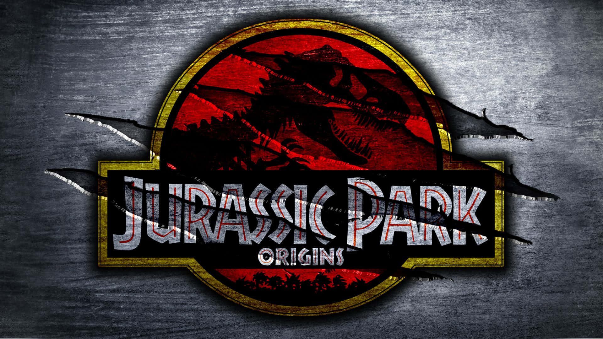 侏羅紀公園 桌布 壁紙 — 一個風化的 Jurassic Park Origins 標誌，在粗糙的金屬背景上有爪痕。
