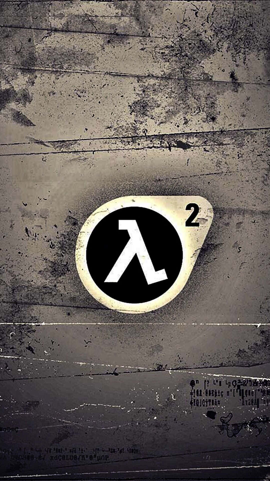 Pixel 3xl Team Fortress 2 桌布 壁紙 — 一個風化的 Lambda 2 標誌在粗糙的紋理牆上發光，牆上有刮痕和褪色的標記。
