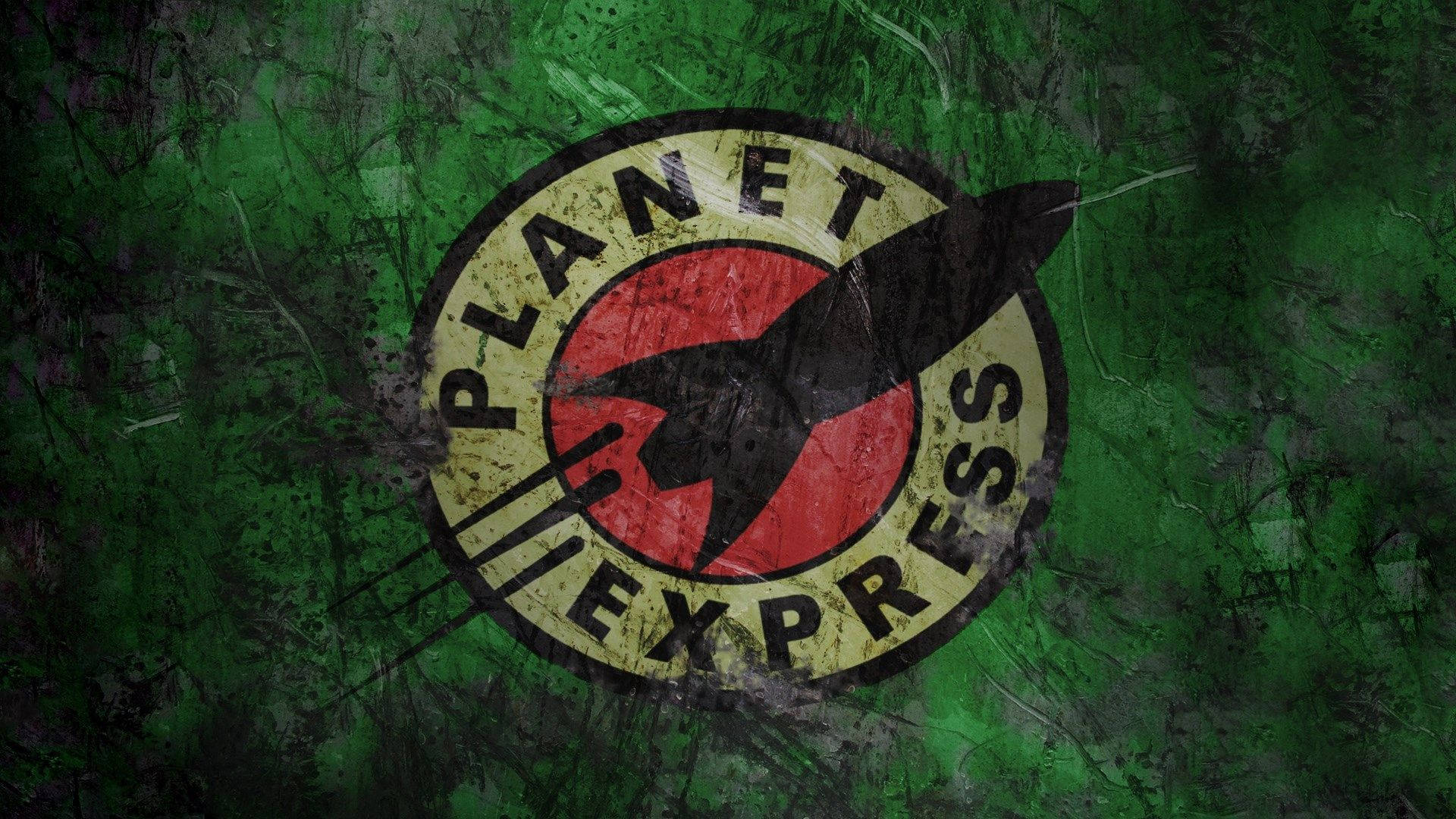 Futurama 桌布 壁紙 — 一個風化的 Planet Express 標誌，黑色火箭在紅色背景上，置於粗糙的綠色紋理牆上。