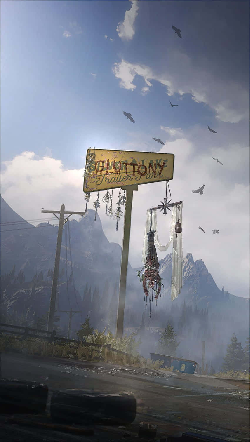 iPhone Xs Far Cry 3 桌布 壁紙 — 一個風化的Gluttony Trailer Park招牌歪斜地掛在一條荒涼的道路上，背景有山脈和鳥兒在頭頂飛翔。