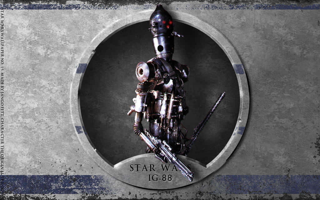 Ig-88 桌布 壁紙 — 一個風化的IG-88賞金獵人機器人站在圓形金屬框架內，背景是帶有藍色條紋的粗糙灰色牆壁。