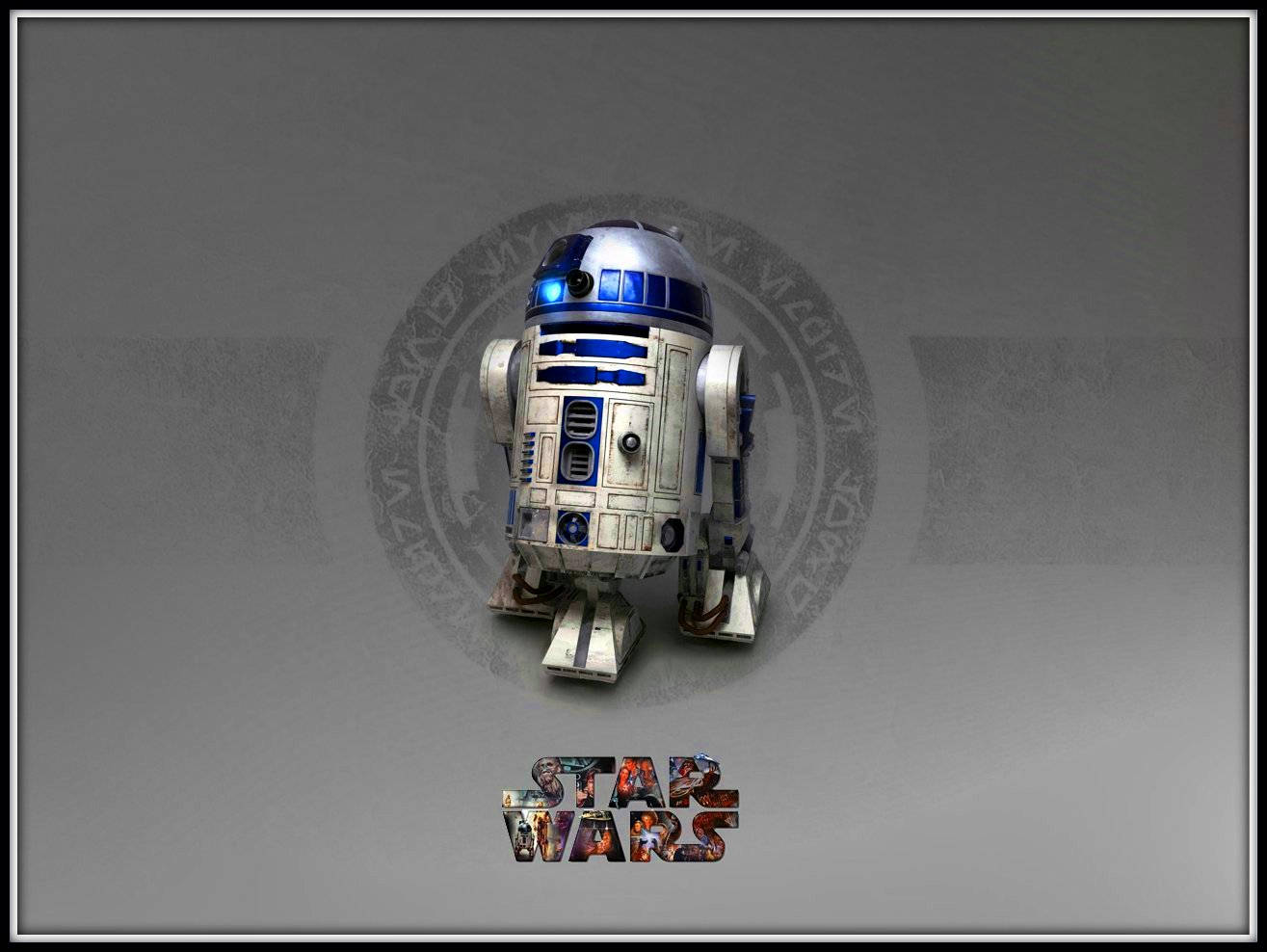 酷炫星際大戰 桌布 壁紙 — 一個風化的R2-D2機器人站在灰色背景中央，背後有一個褪色的星際大戰標誌。