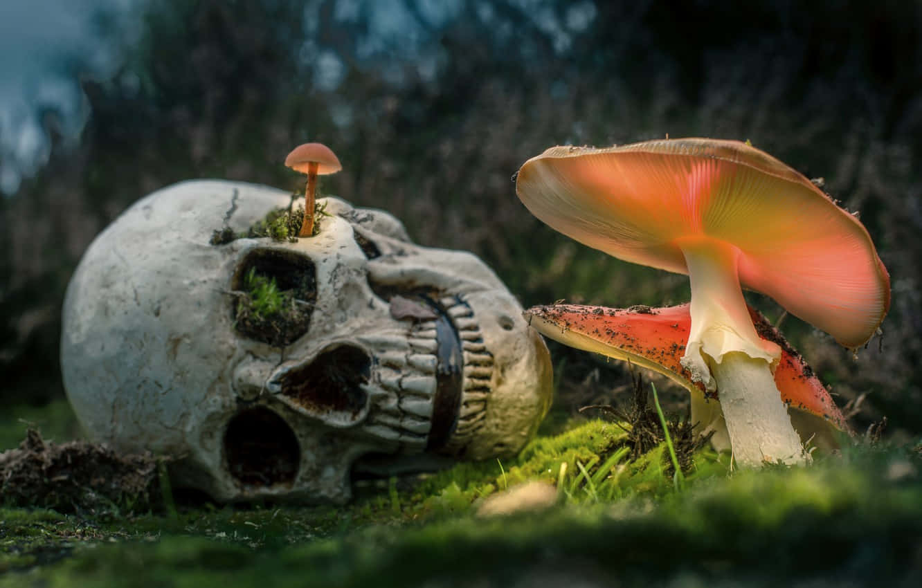 Mushroom 桌布 壁紙 — 一個風化的人類頭骨躺在苔蘚中，旁邊有一朵鮮豔的紅白蘑菇，另一朵小蘑菇從它的眼窩長出。