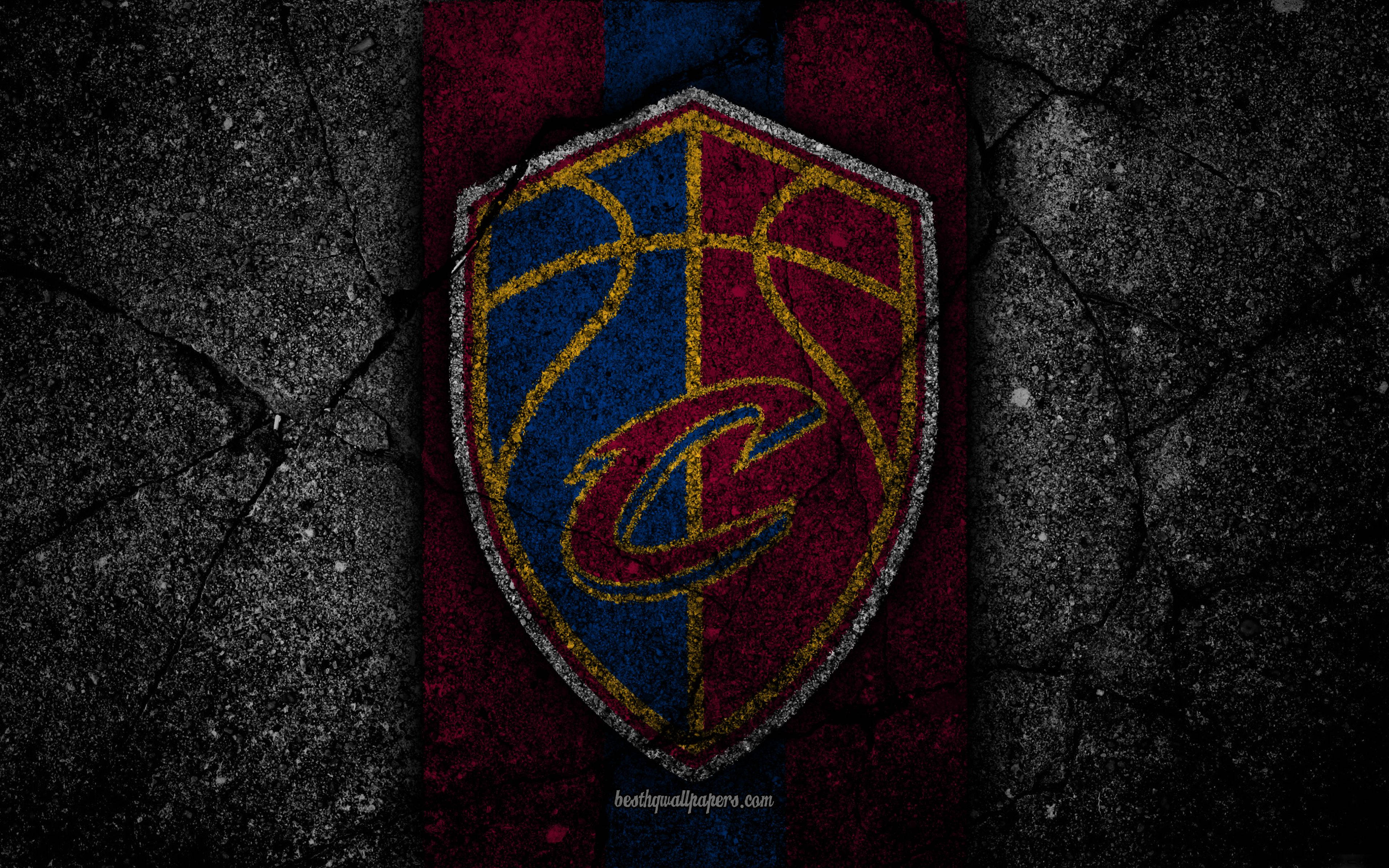 cavaliers 桌布 壁紙 — 一個風化的克里夫蘭騎士隊籃球標誌盾牌，置於帶有紅藍條紋的裂紋瀝青背景上。