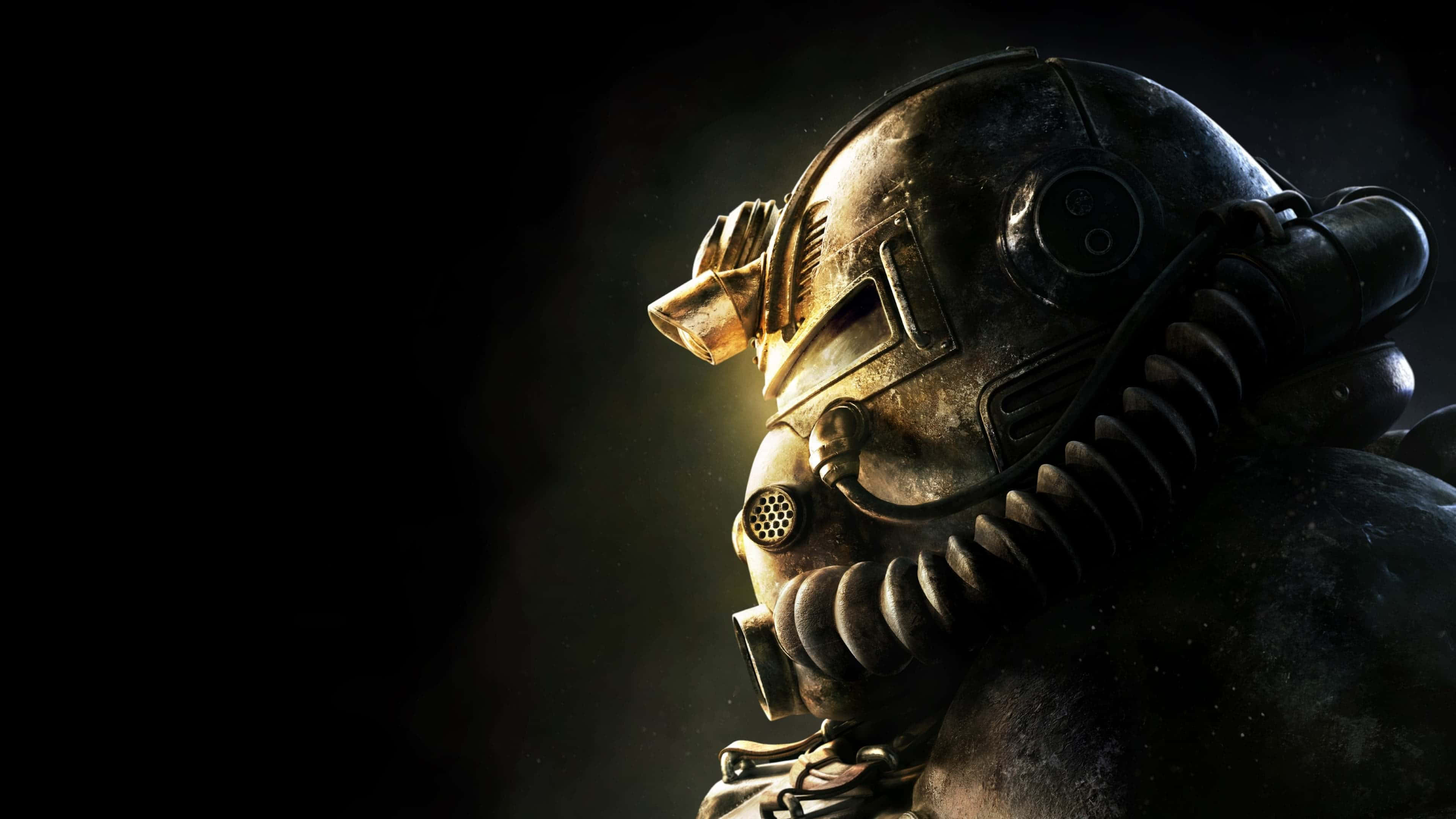 Fallout Nv 桌布 壁紙 — 一個風化的動力裝甲頭盔在黑暗背景下發出溫暖的光芒。