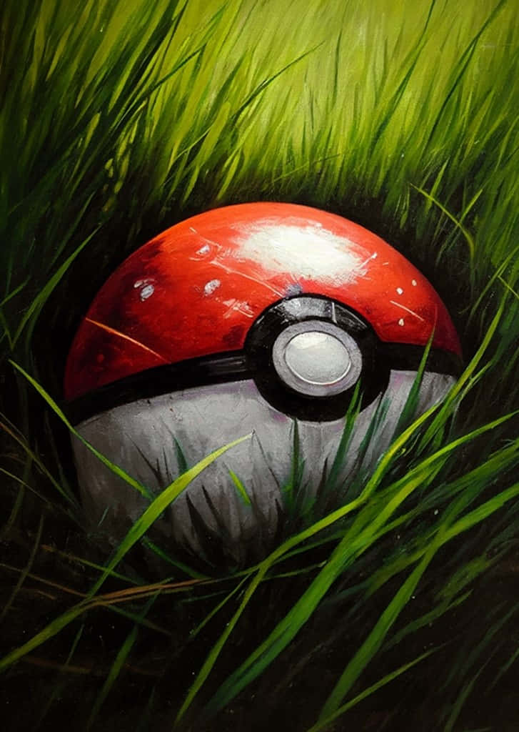 Pokemon Posters 桌布 壁紙 — 一個風化的寶可夢球半埋在充滿活力的綠草中，沐浴在柔和自然光下。