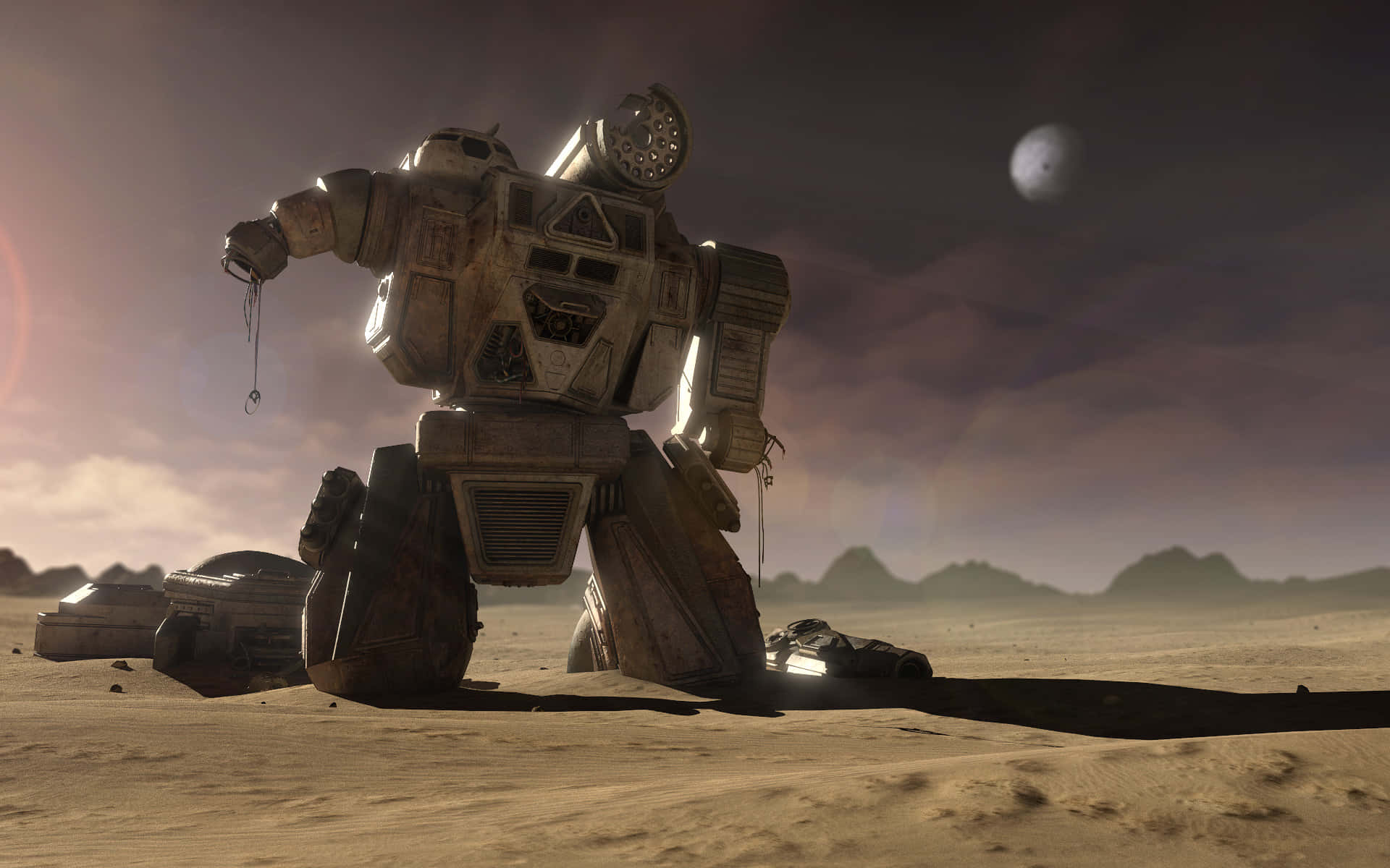 Battletech 桌布 壁紙 — 一個風化的巨型機器人在荒涼的外星沙漠中，在有遙遠月亮的暮色天空下，破損地站立著。