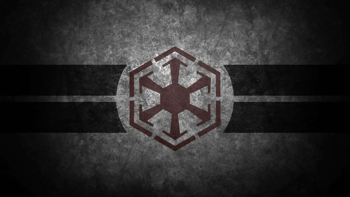 Galactic Empire 桌布 壁紙 — 一個風化的帝國徽章，居中放置在帶有水平黑色條紋的深色紋理背景上。