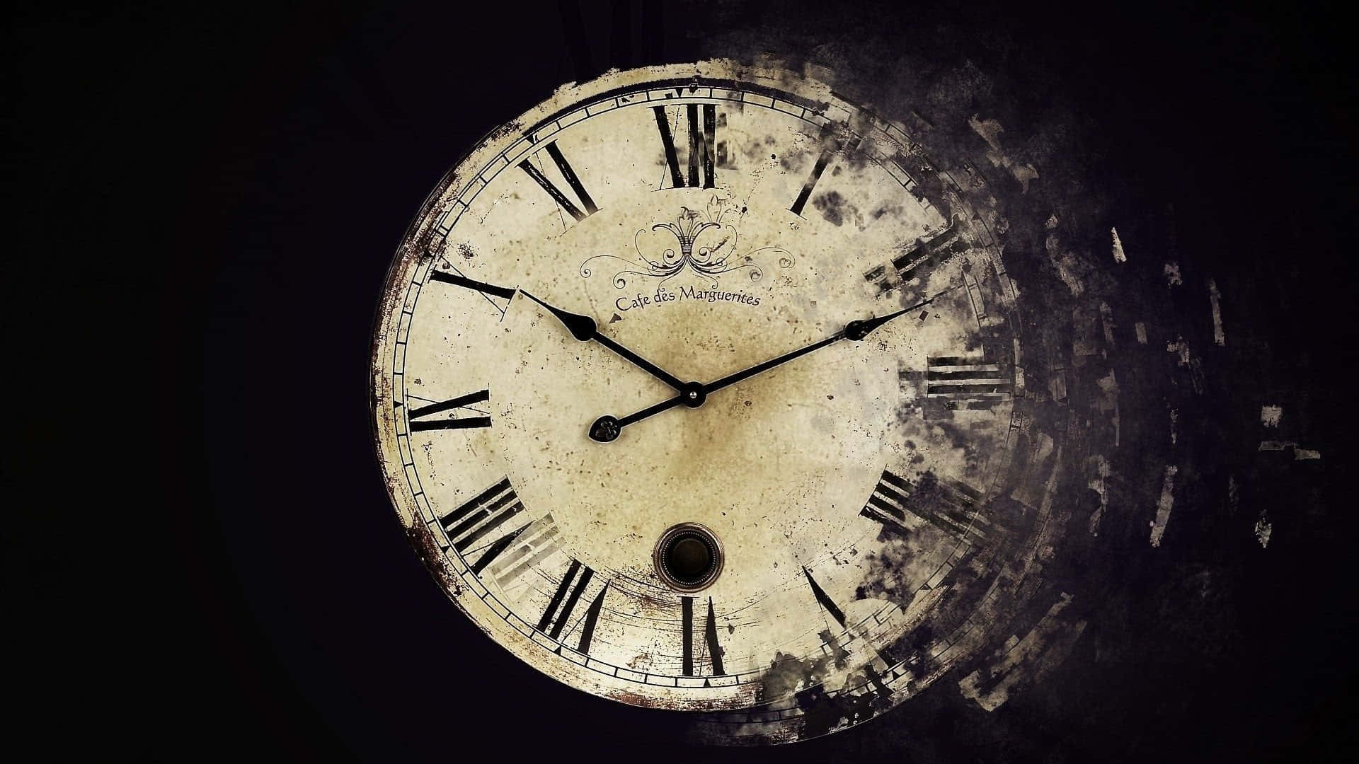Time 桌布 壁紙 — 一個風化的復古鐘面，帶有羅馬數字和華麗字體，背景為深色紋理。